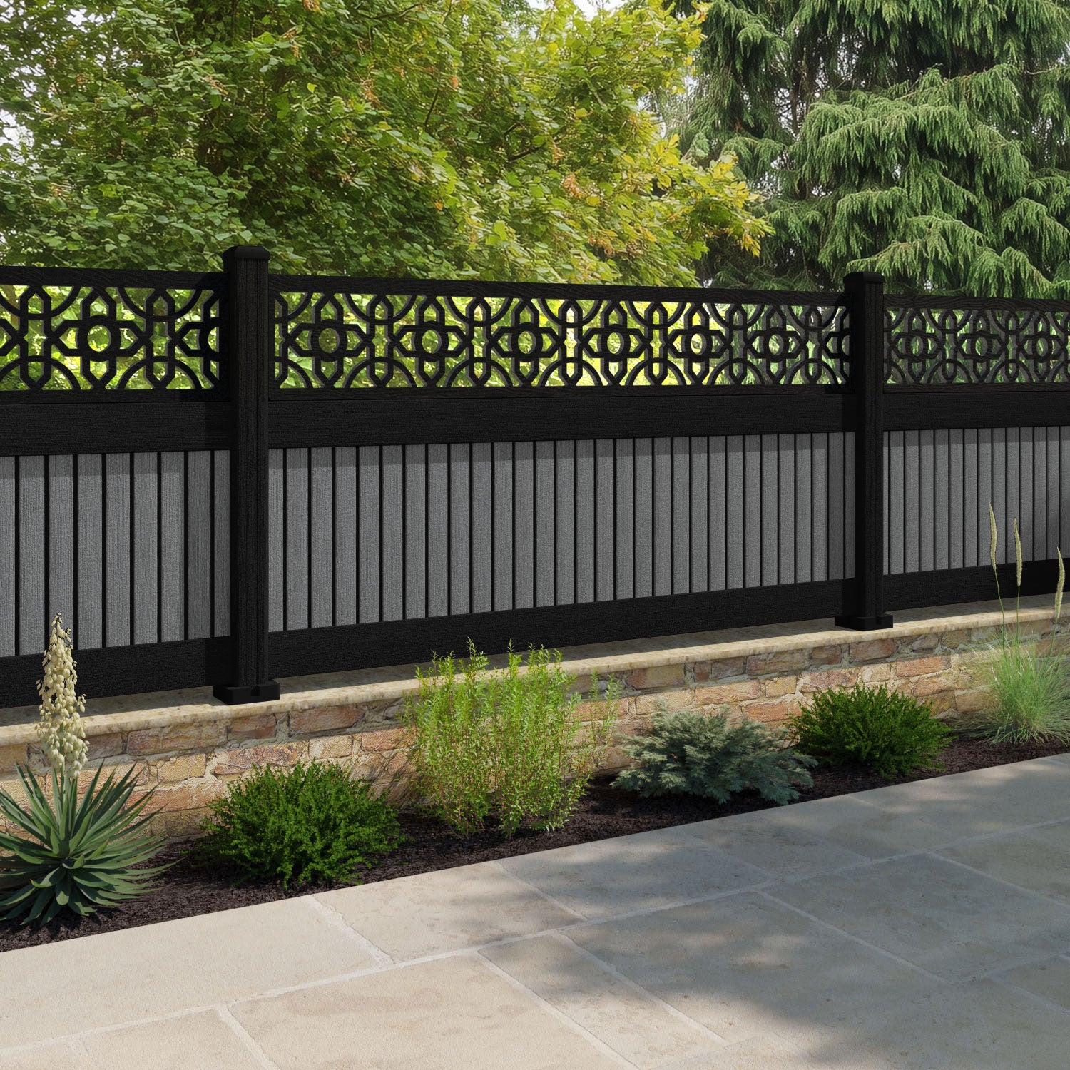 Virtis Nabila Fence Panel - Mid Grey - with our aluminium posts
