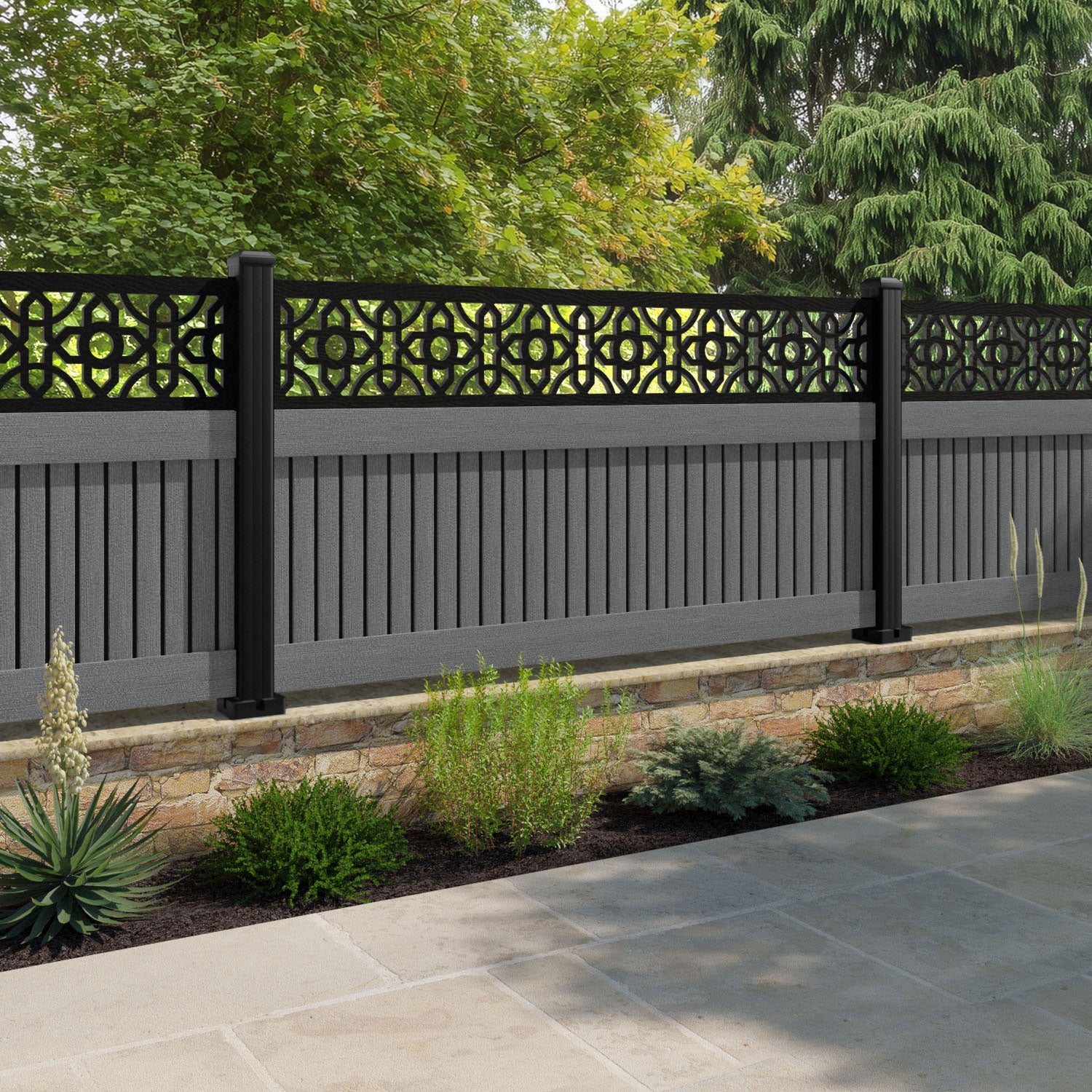 Virtis Nabila Fence Panel - Mid Grey - with our aluminium posts