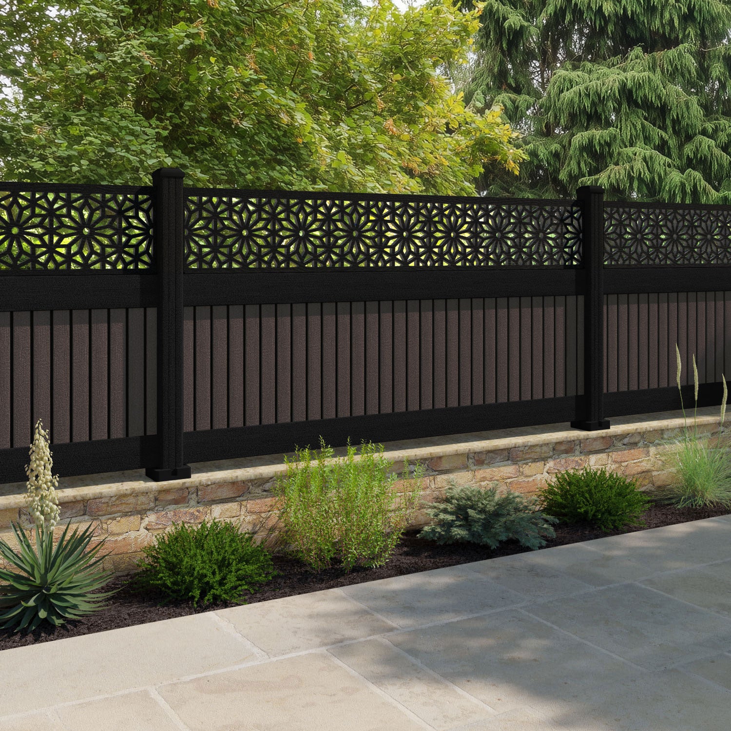 Virtis Narwa Fence Panel - Mid Brown - with our aluminium posts