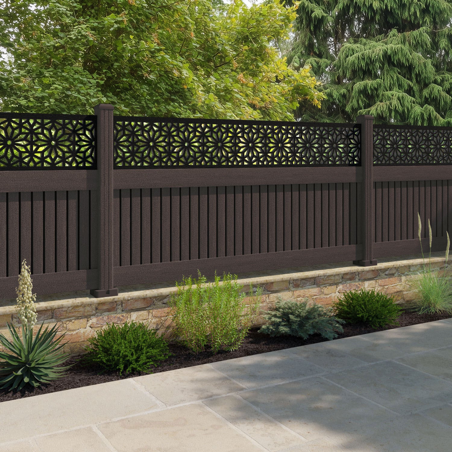 Virtis Narwa Fence Panel - Mid Brown - with our composite posts