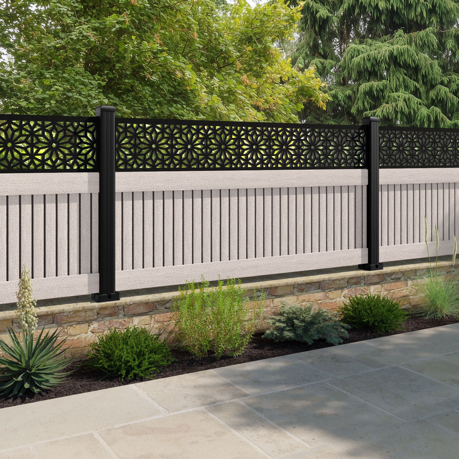 Virtis Narwa Fence Panel - Mid Stone - with our aluminium posts