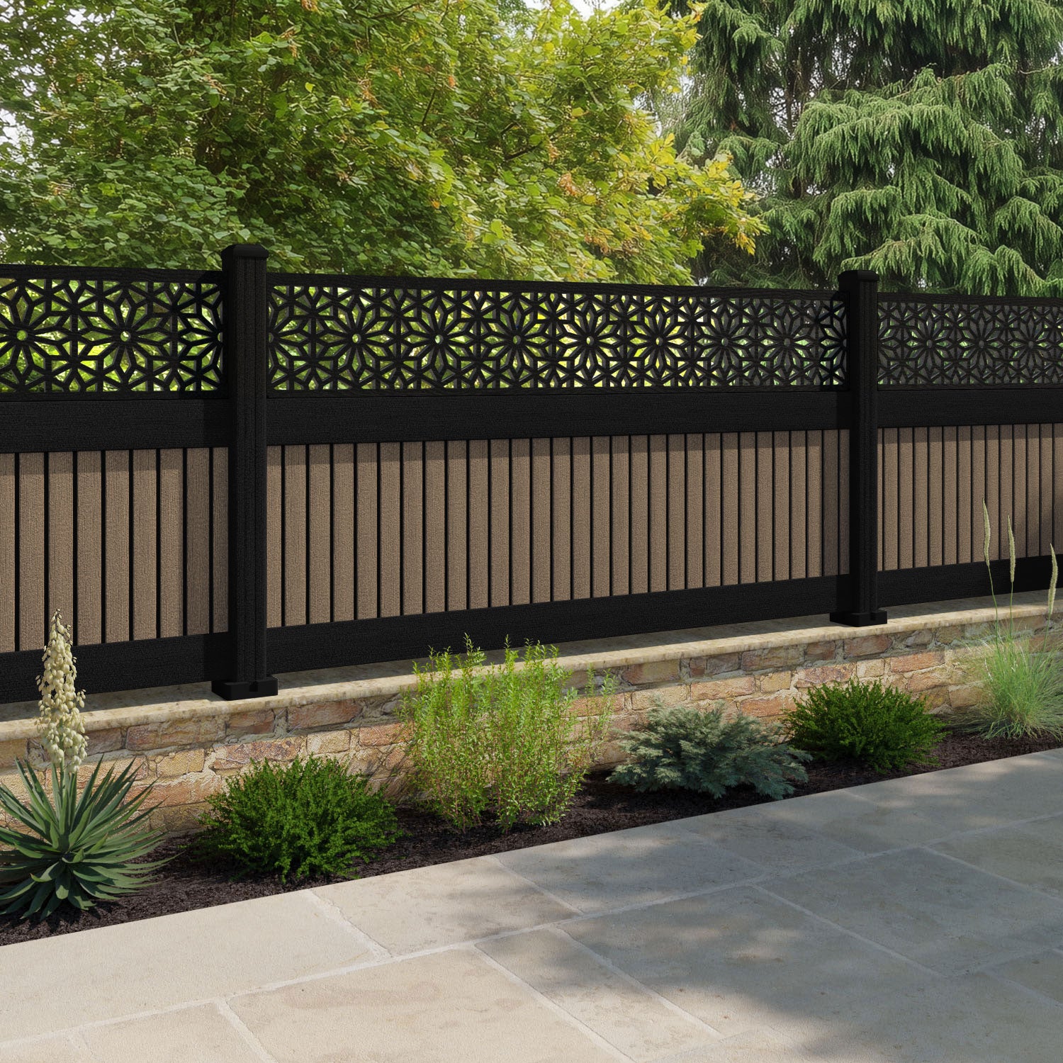 Virtis Narwa Fence Panel - Teak - with our aluminium posts