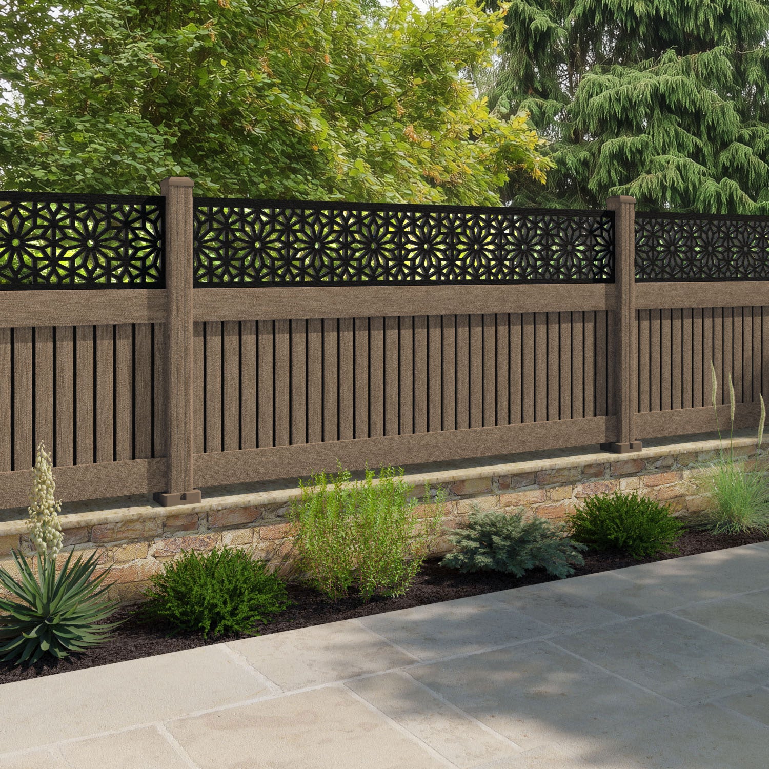 Virtis Narwa Fence Panel - Teak - with our composite posts