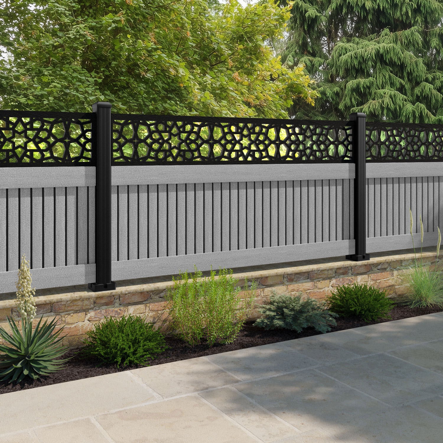 Virtis Nazira Fence Panel - Light Grey - with our aluminium posts