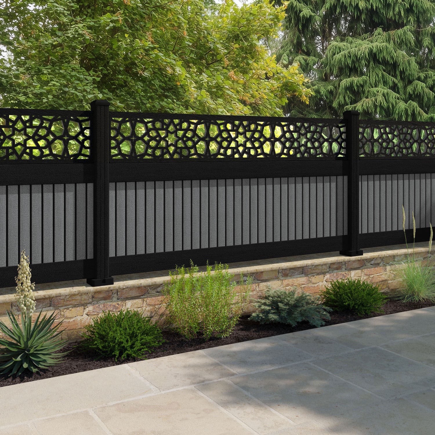 Virtis Nazira Fence Panel - Mid Grey - with our aluminium posts