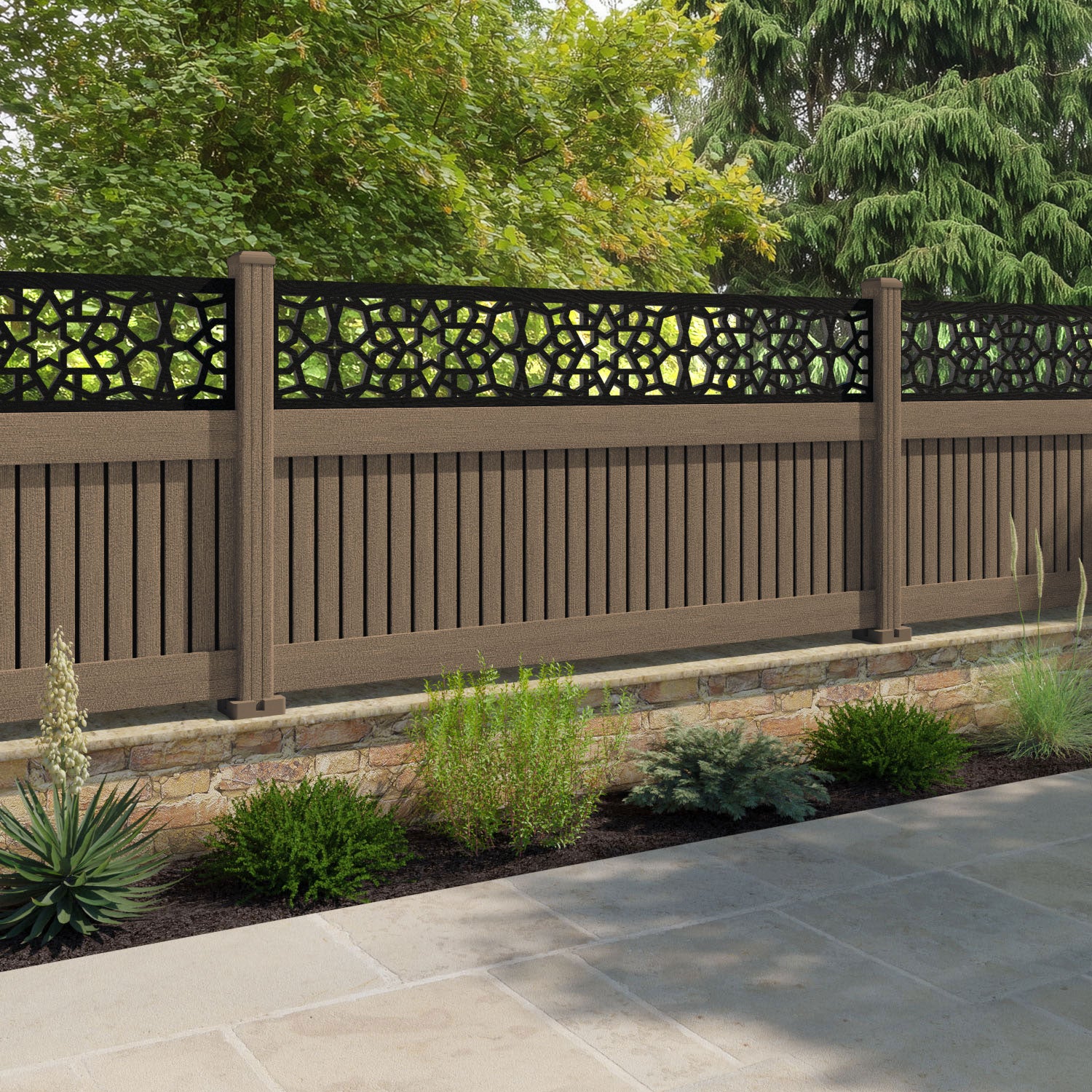 Virtis Nazira Fence Panel - Teak - with our composite posts