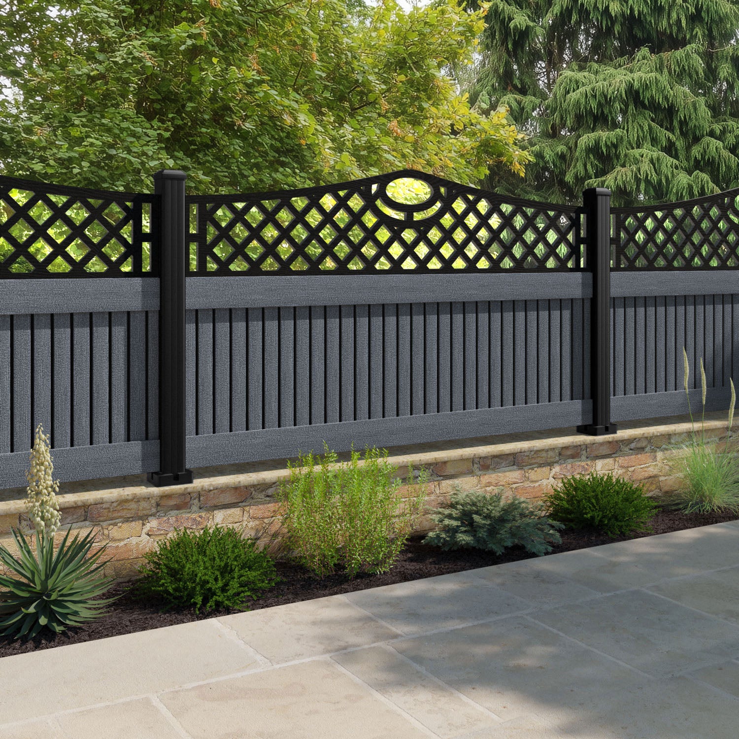 Virtis Oxford Curved Top Fence Panel - Anthracite - with our composite posts
