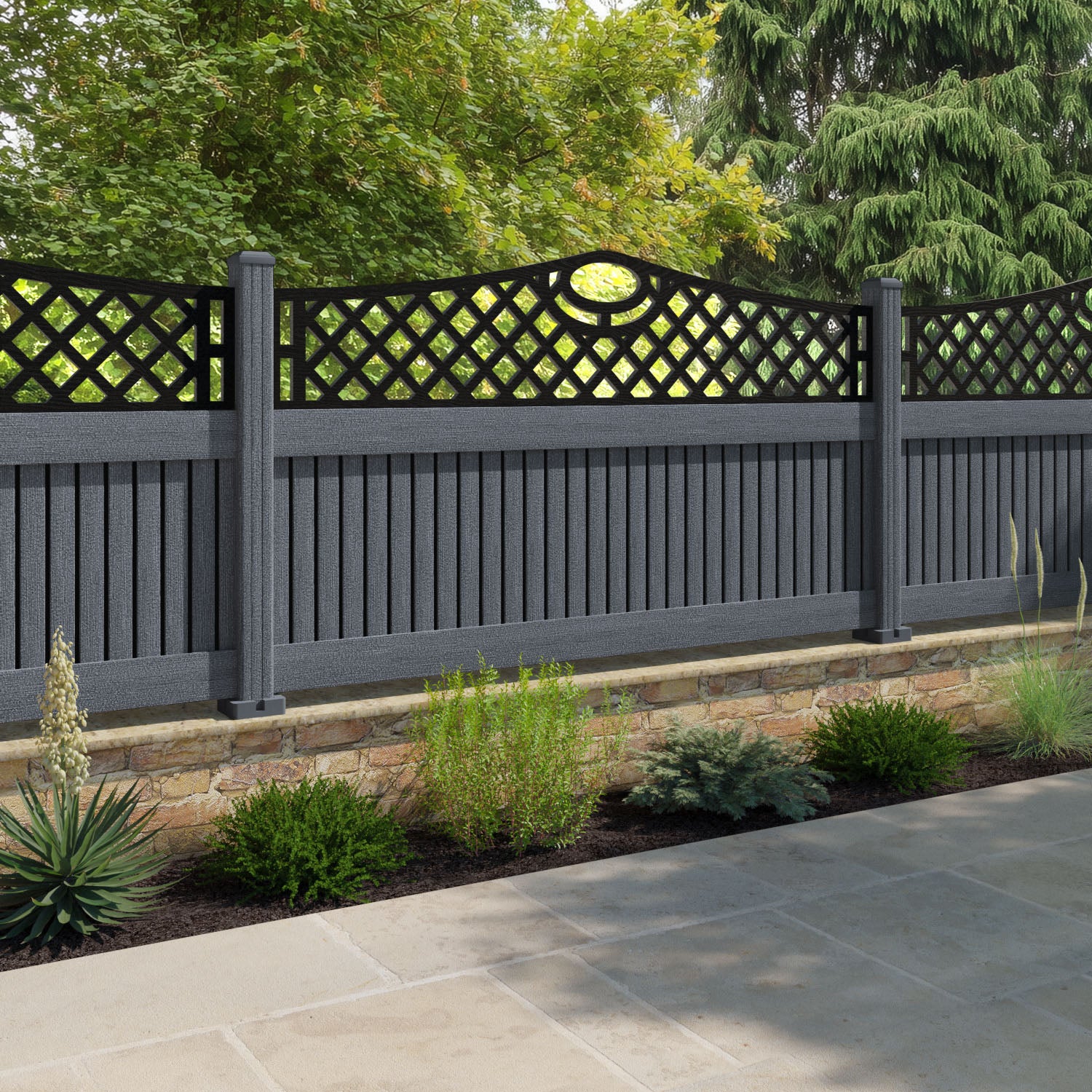Virtis Oxford Curved Top Fence Panel - Anthracite - with our composite posts