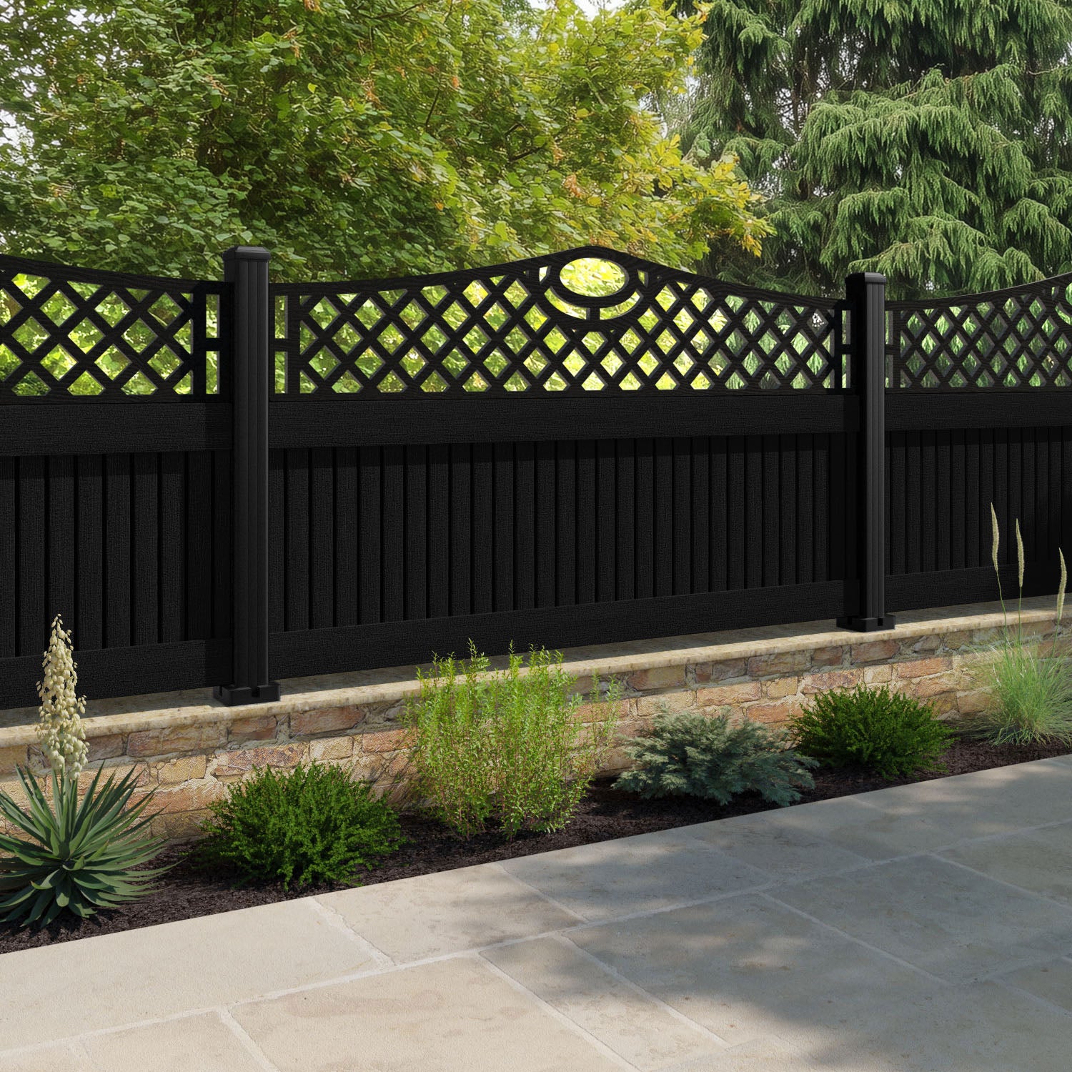 Virtis Oxford Curved Top Fence Panel - Black - with our aluminium posts