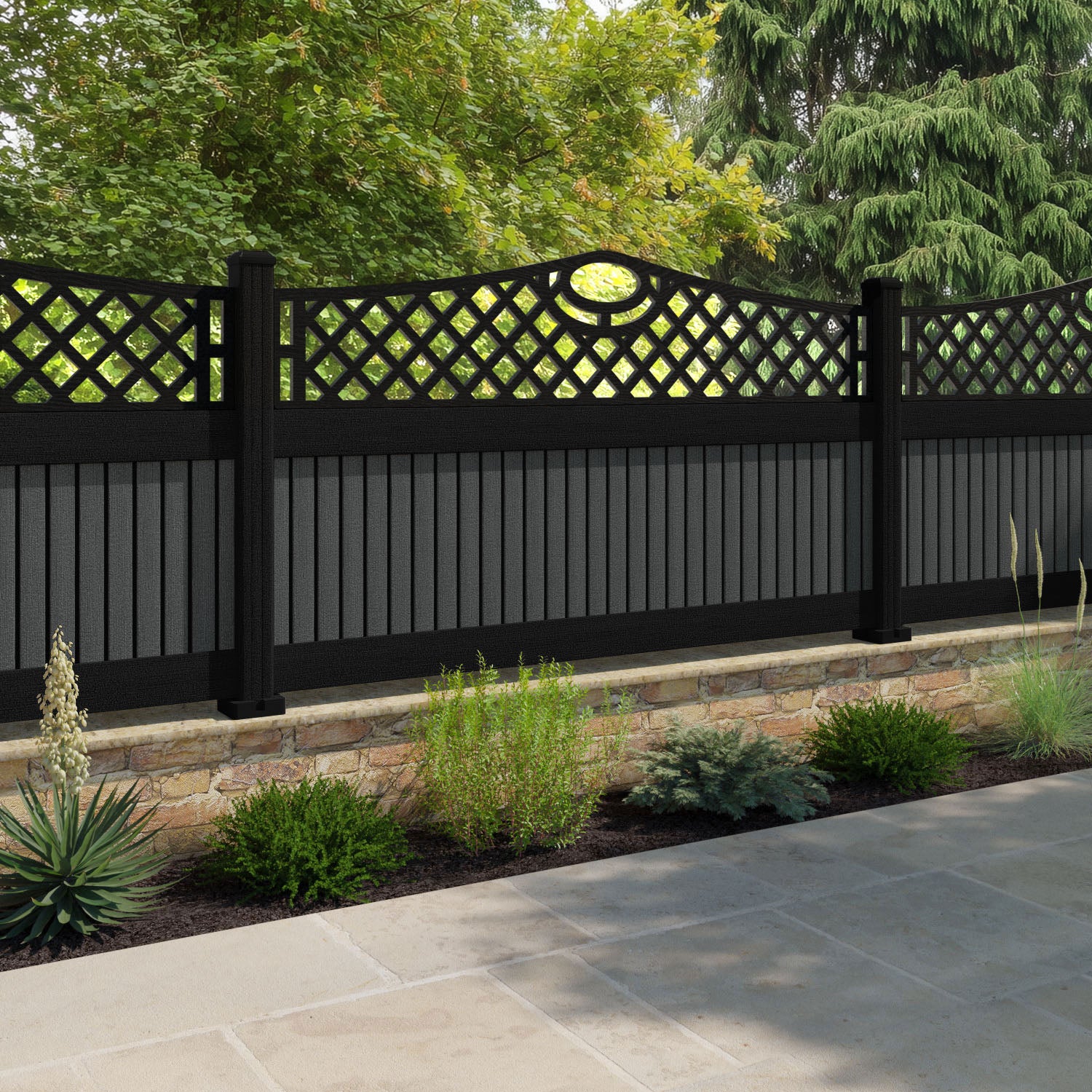 Virtis Oxford Curved Top Fence Panel - Dark Grey - with our composite posts