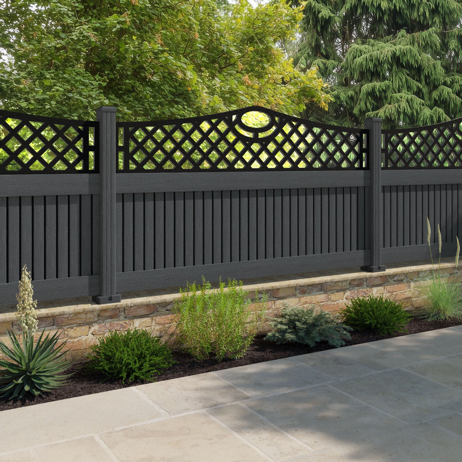 Virtis Oxford Curved Top Fence Panel - Dark Grey - with our composite posts