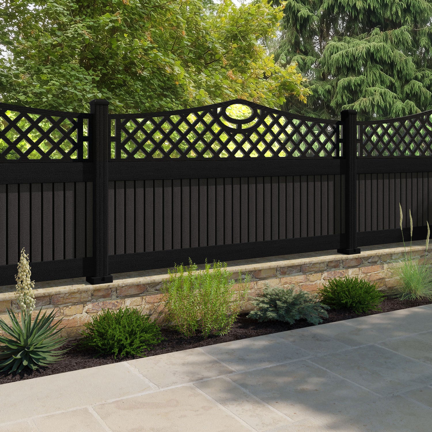 Virtis Oxford Curved Top Fence Panel - Dark Oak - with our composite posts