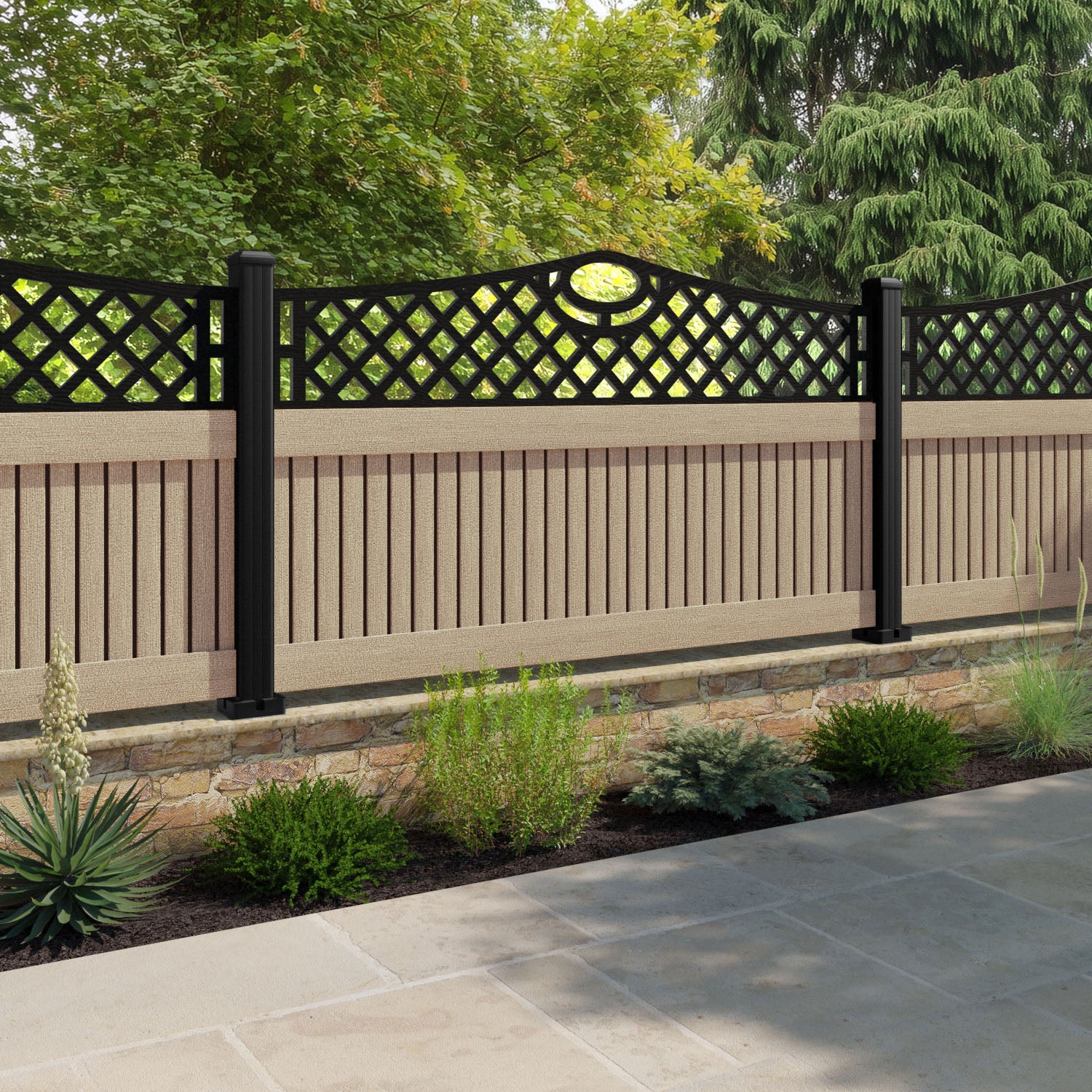 Virtis Oxford Curved Top Fence Panel - Light Oak - with our composite posts