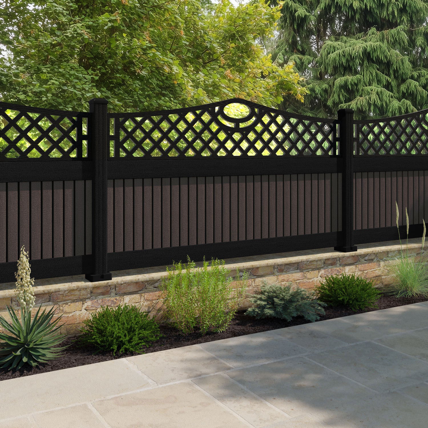 Virtis Oxford Curved Top Fence Panel - Mid Brown - with our aluminium posts