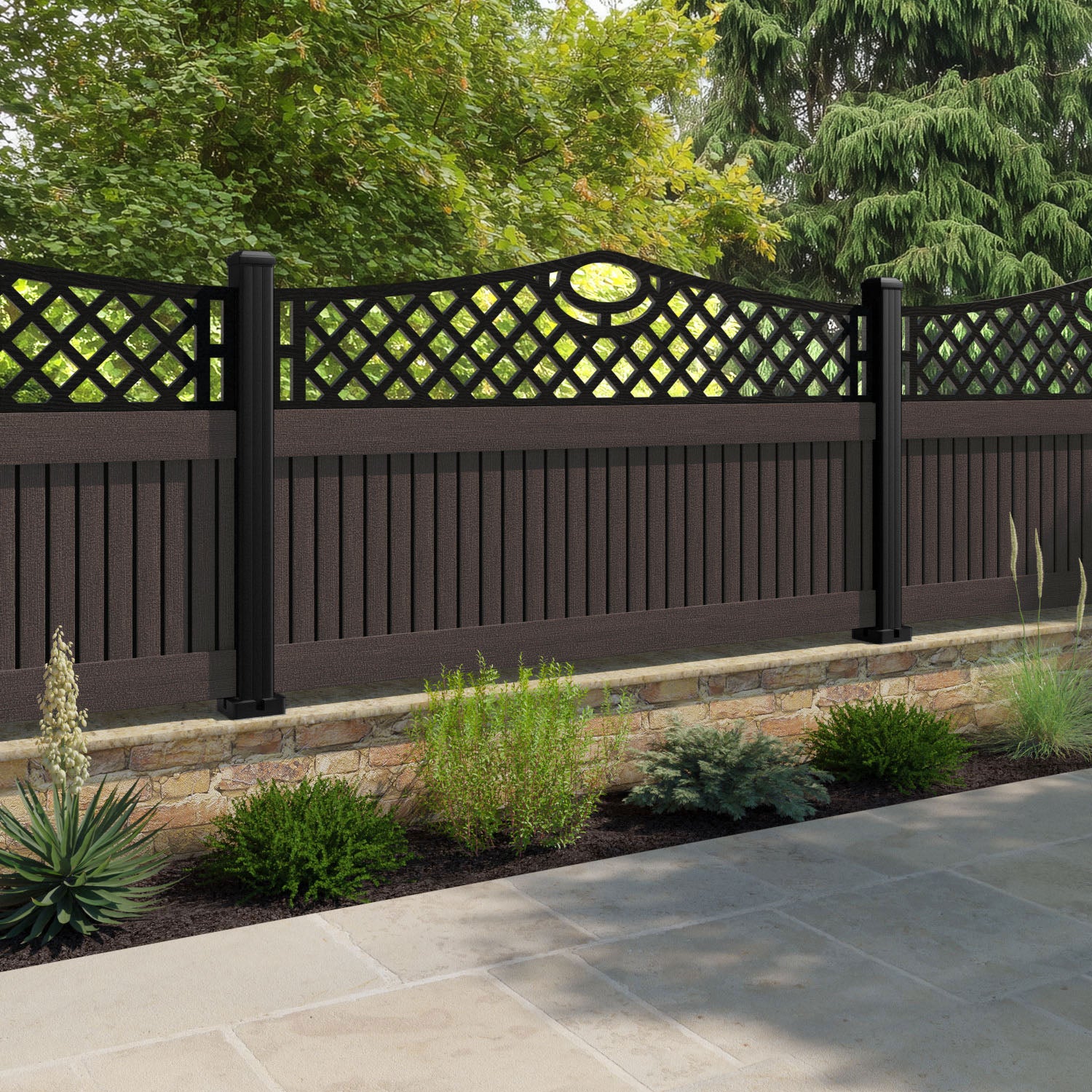 Virtis Oxford Curved Top Fence Panel - Mid Brown - with our composite posts