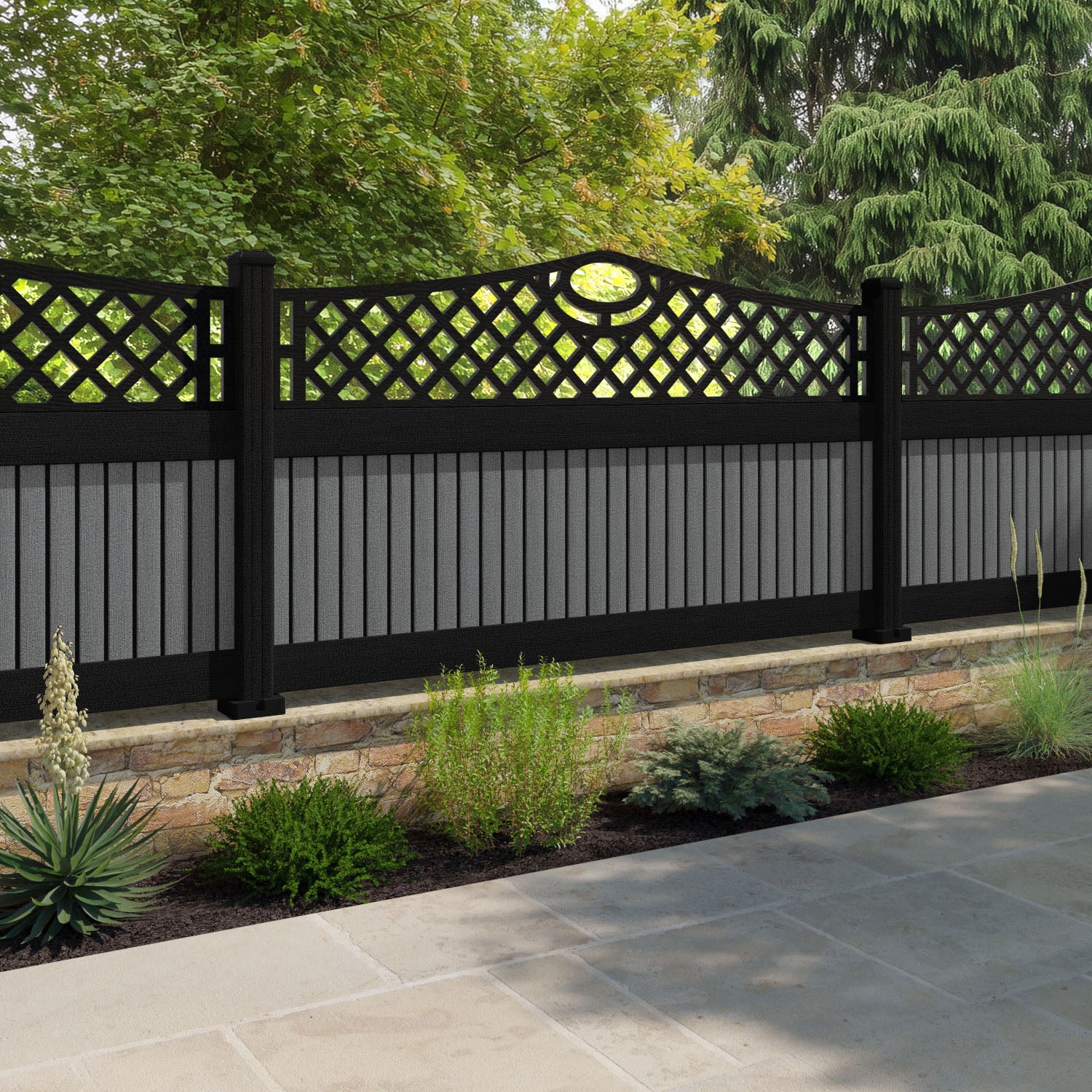 Virtis Oxford Curved Top Fence Panel - Mid Grey - with our composite posts