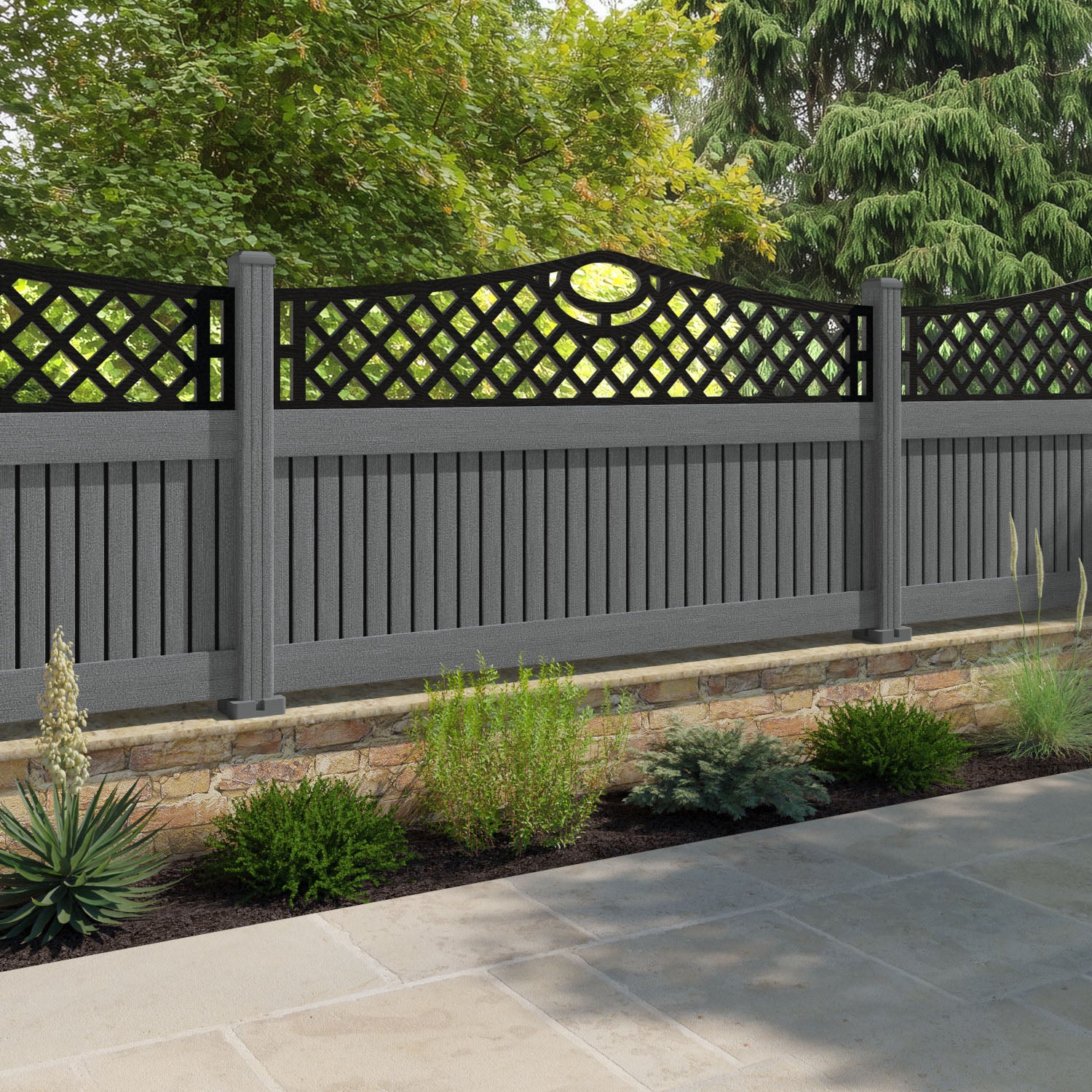 Virtis Oxford Curved Top Fence Panel - Mid Grey - with our composite posts