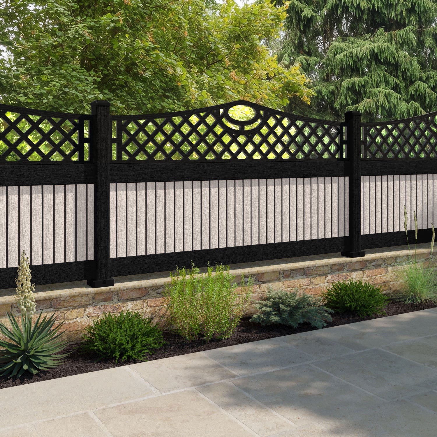 Virtis Oxford Curved Top Fence Panel - Mid Stone - with our aluminium posts