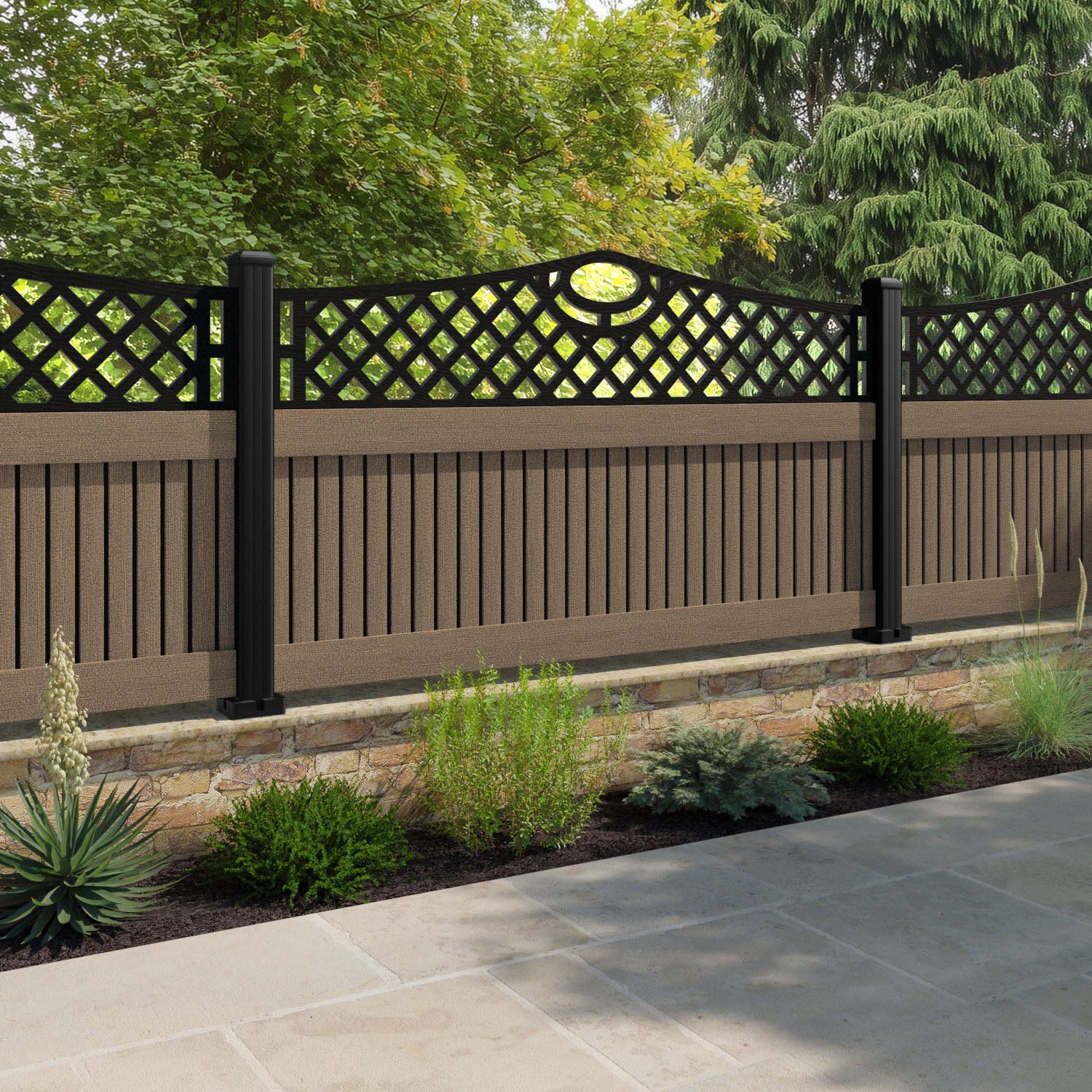 Virtis Oxford Curved Top Fence Panel - Teak - with our aluminium posts