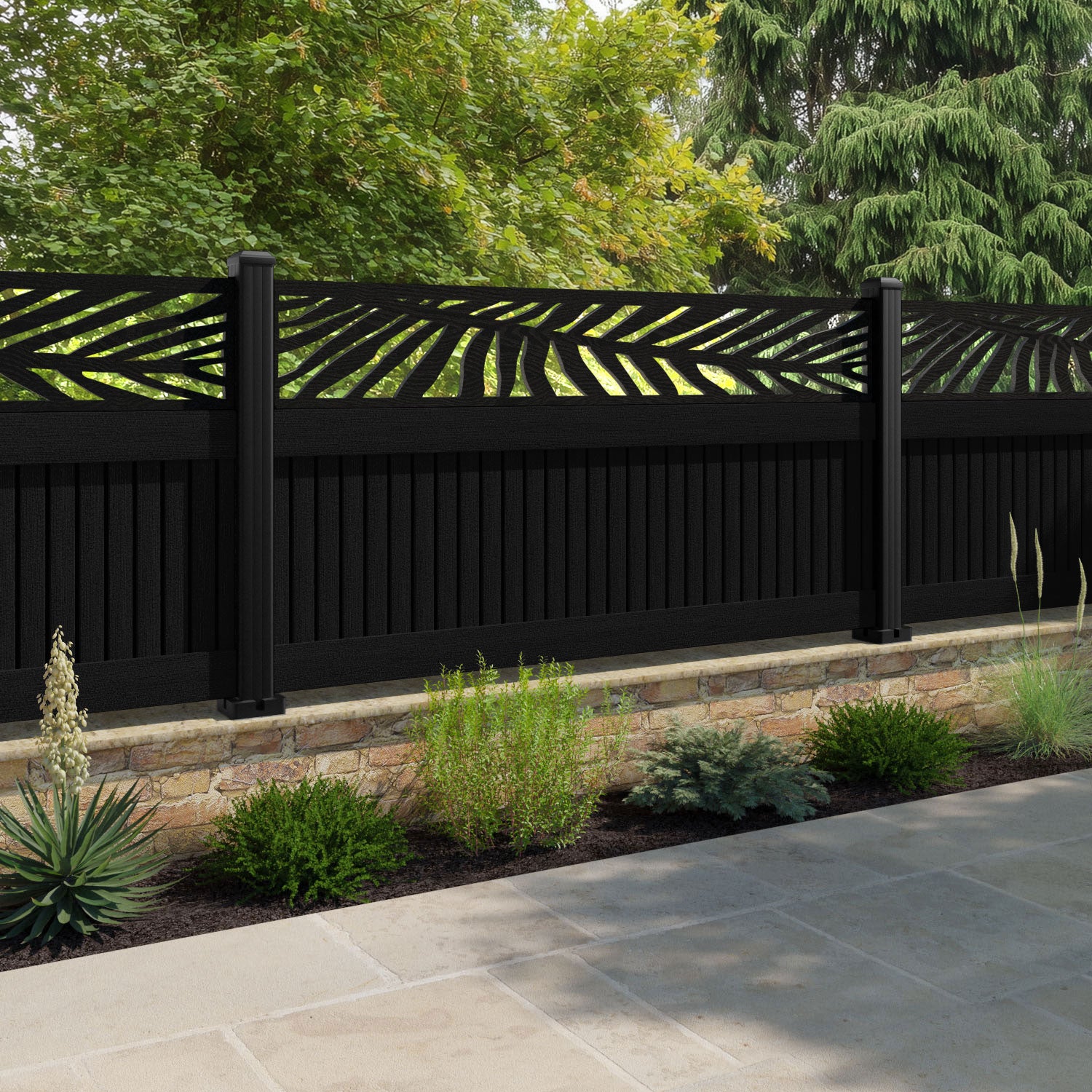 Virtis Palm Fence Panel - Black - with our aluminium posts