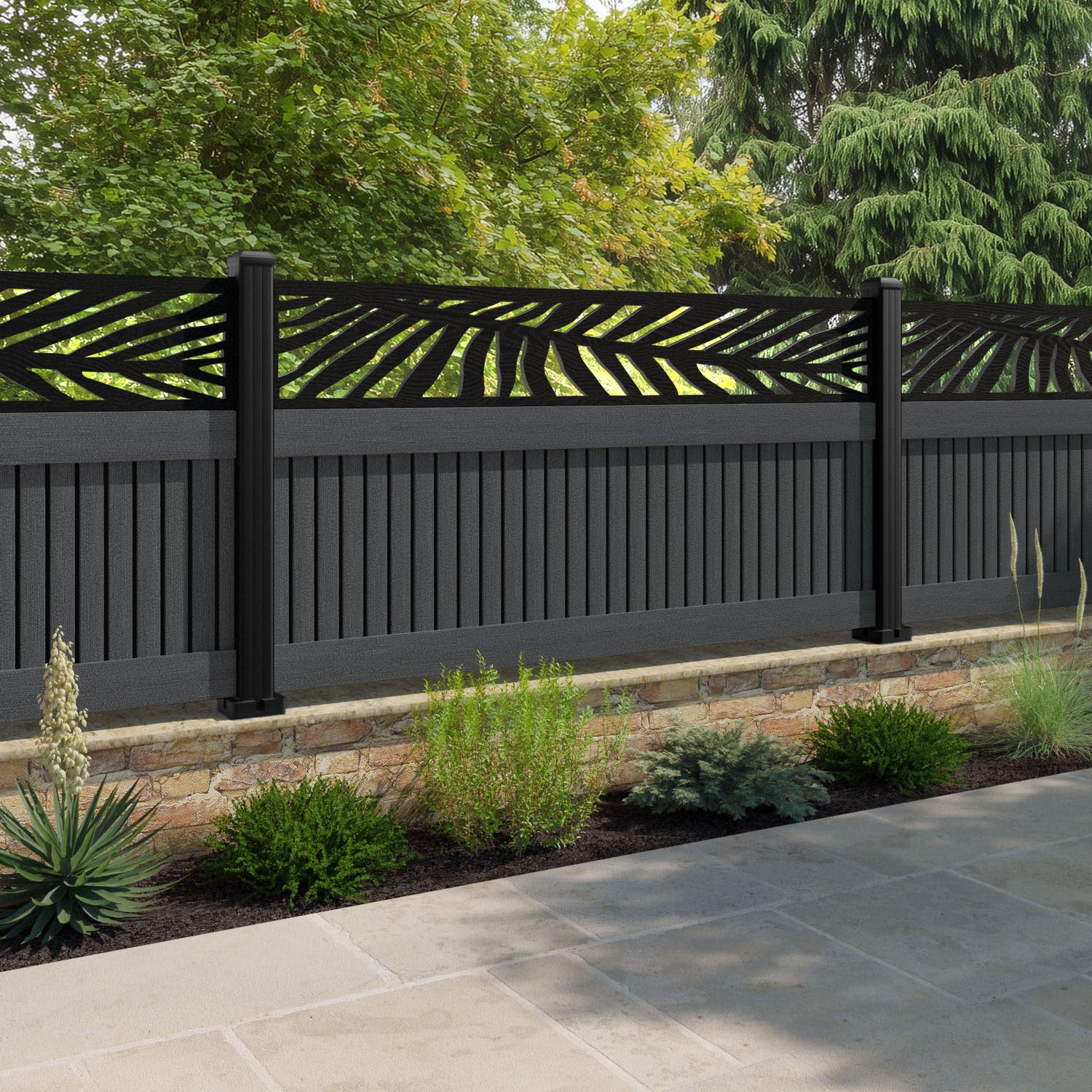 Virtis Palm Fence Panel - Dark Grey - with our aluminium posts