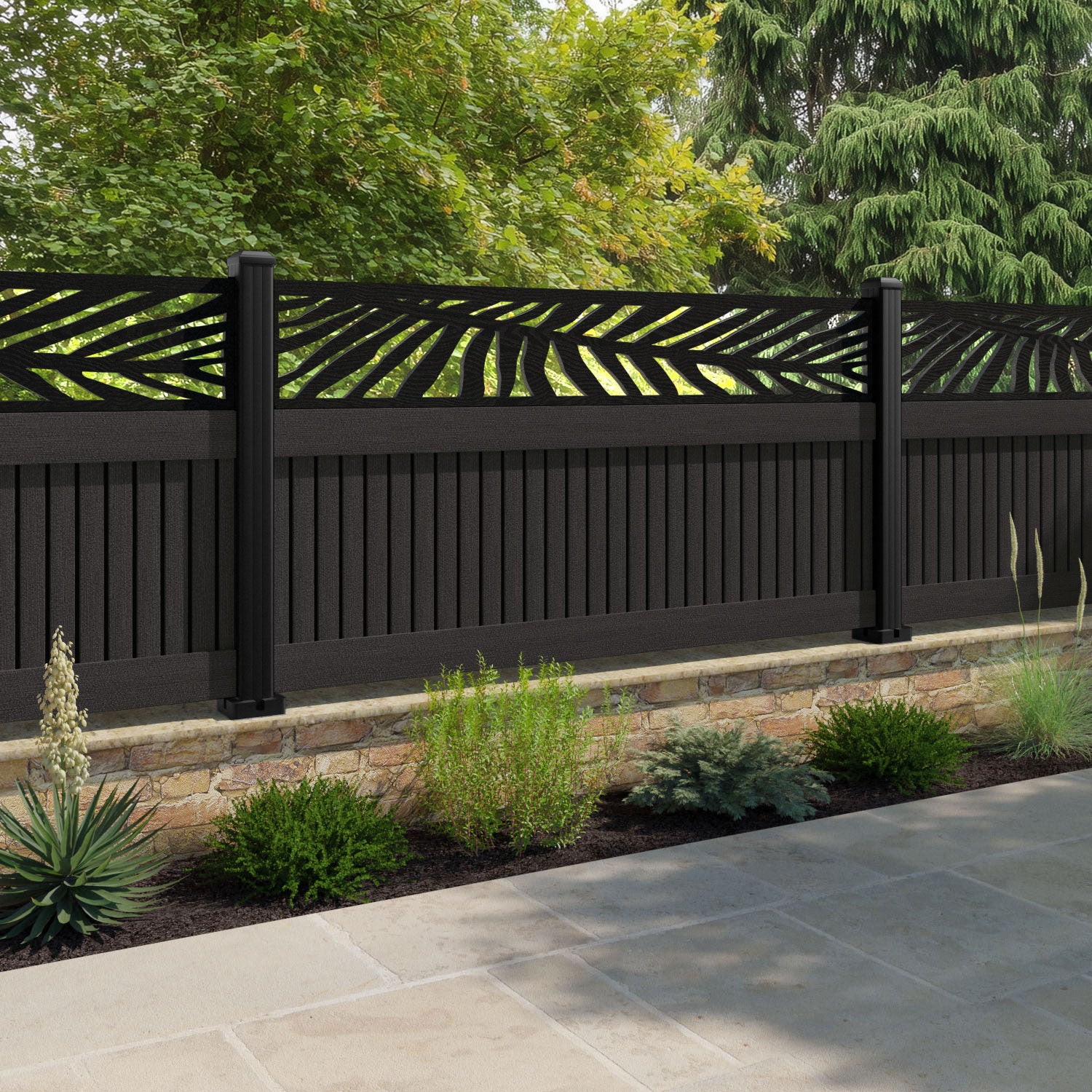Virtis Palm Fence Panel - Dark Oak - with our aluminium posts