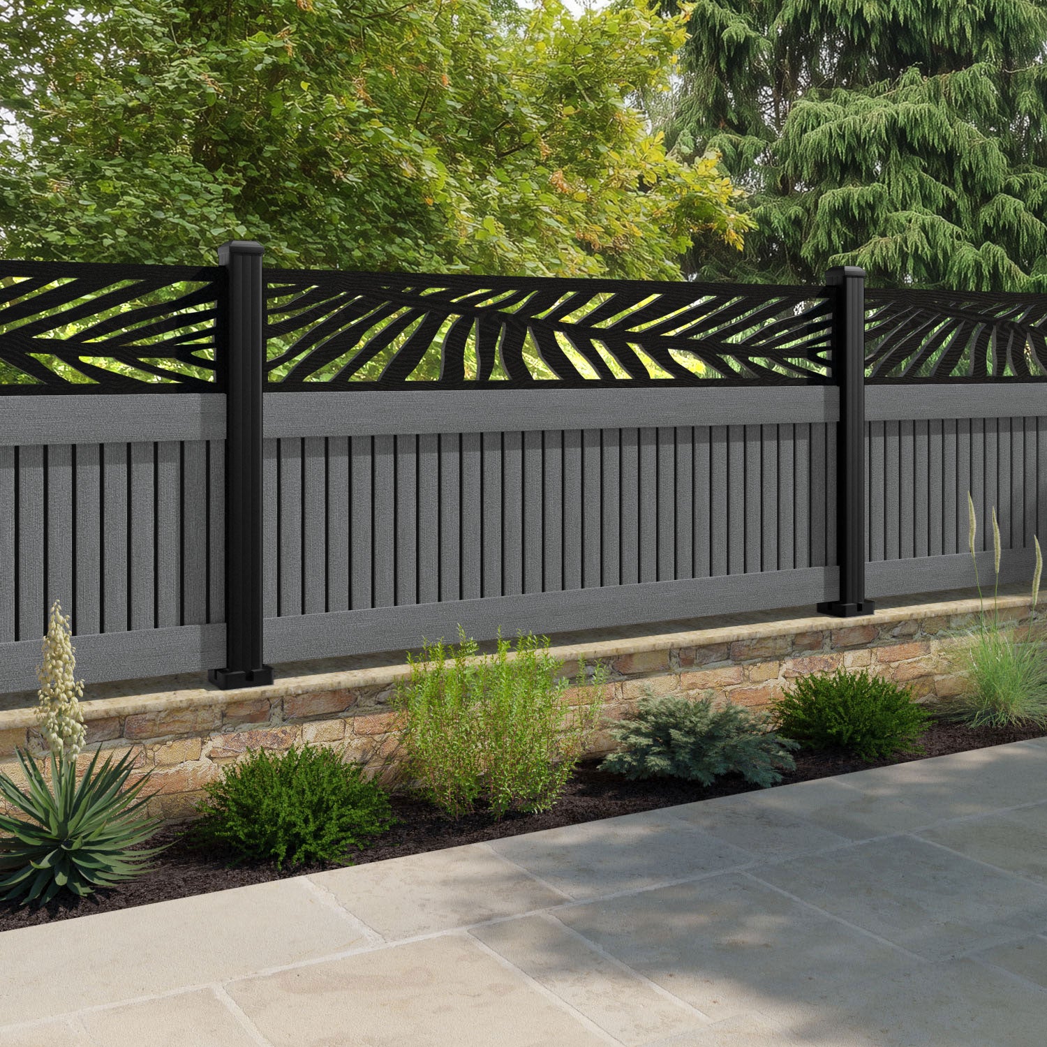 Virtis Palm Fence Panel - Mid Grey - with our aluminium posts