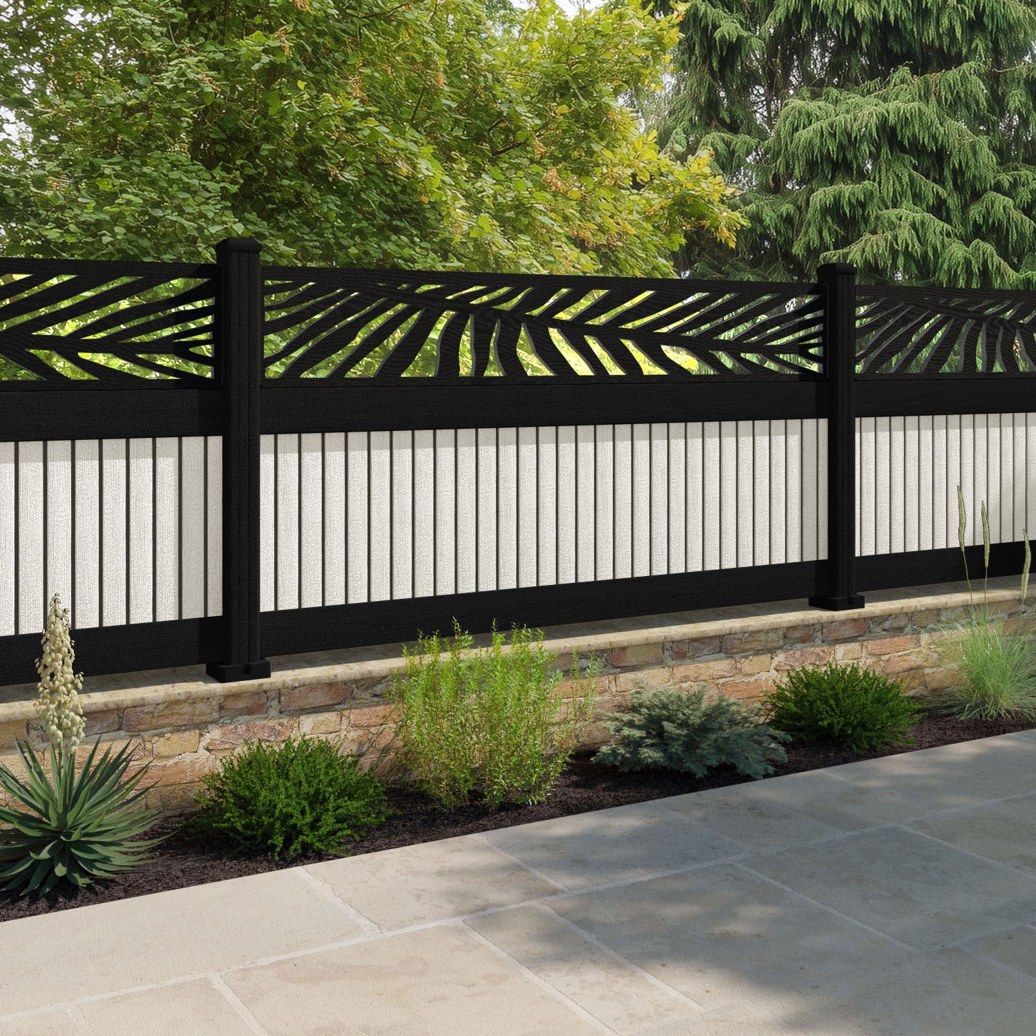 Virtis Palm Fence Panel - Light Stone - with our aluminium posts