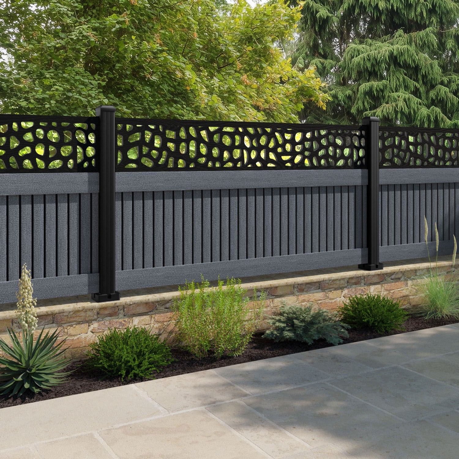 Virtis Pebble Fence Panel - Anthracite - with our composite posts