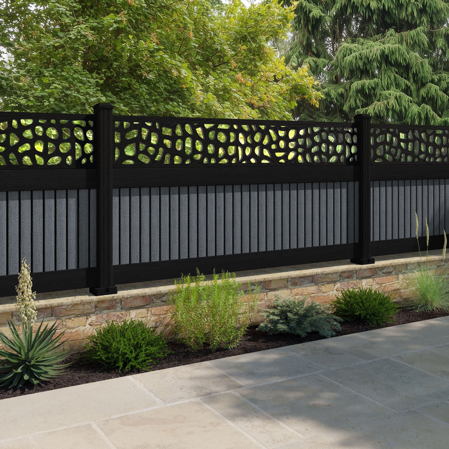 Virtis Pebble Fence Panel - Anthracite - with our aluminium posts