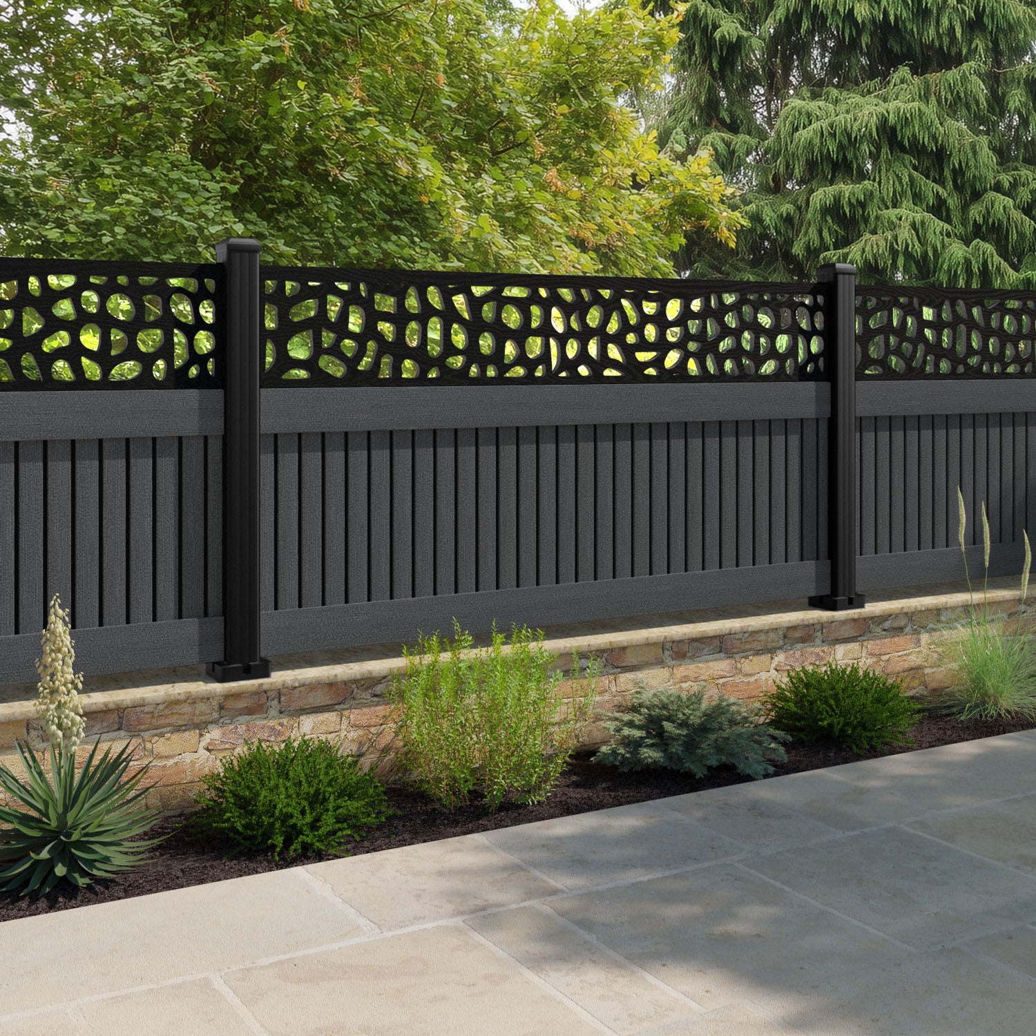 Virtis Pebble Fence Panel - Dark Grey - with our aluminium posts