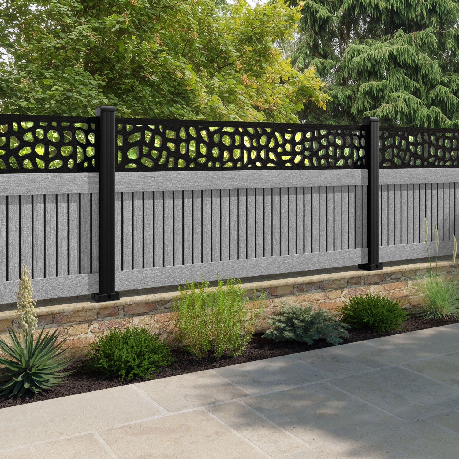 Virtis Pebble Fence Panel - Light Grey - with our aluminium posts
