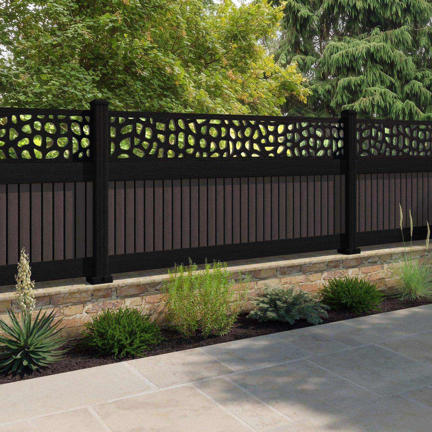 Virtis Pebble Fence Panel - Mid Brown - with our aluminium posts