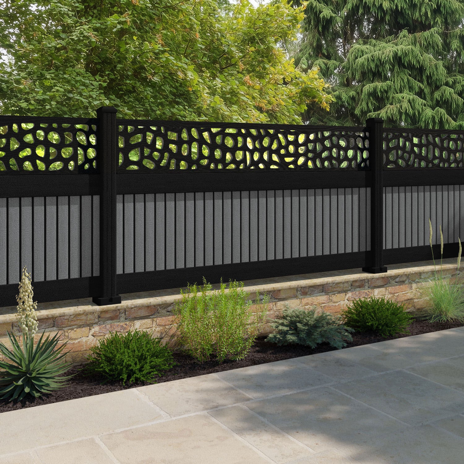 Virtis Pebble Fence Panel - Mid Grey - with our aluminium posts
