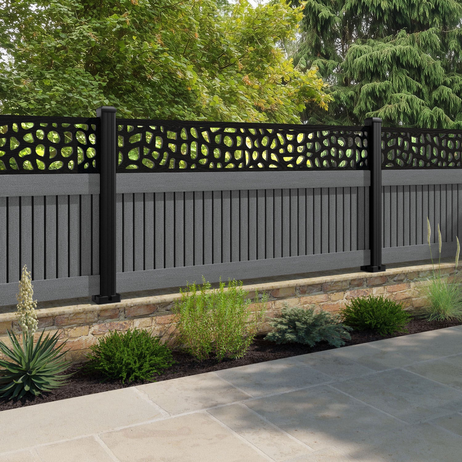Virtis Pebble Fence Panel - Mid Grey - with our aluminium posts