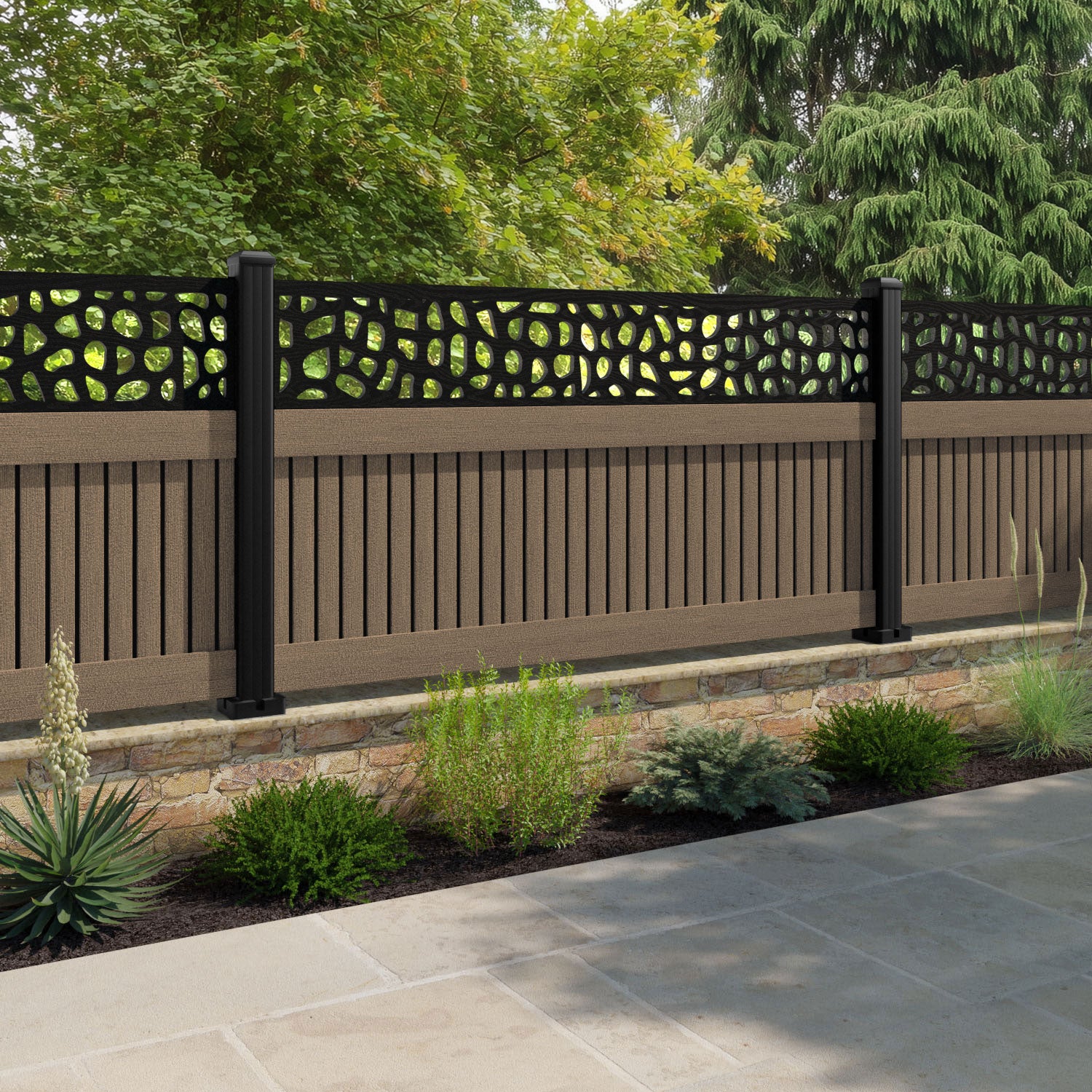 Virtis Pebble Fence Panel - Teak - with our aluminium posts