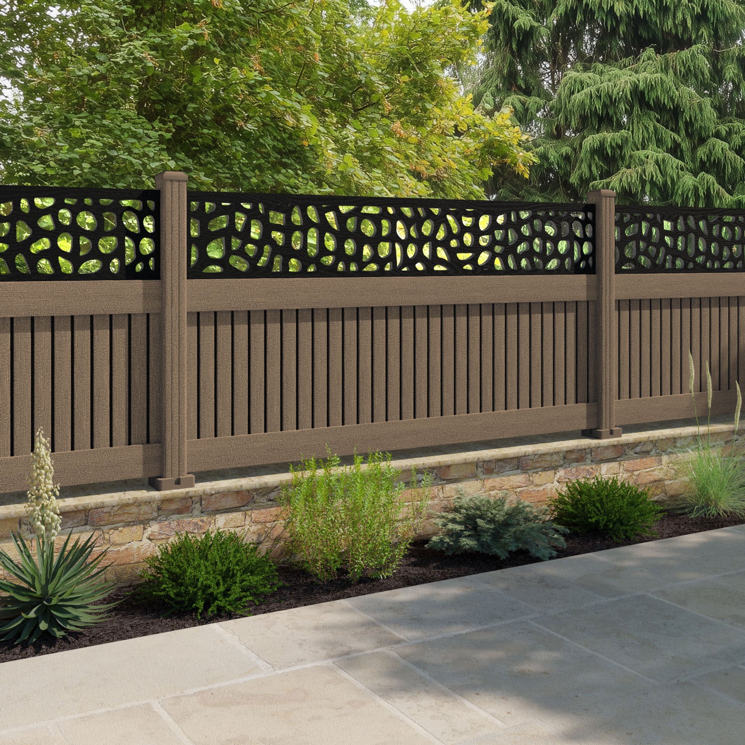 Virtis Pebble Fence Panel - Teak - with our composite posts