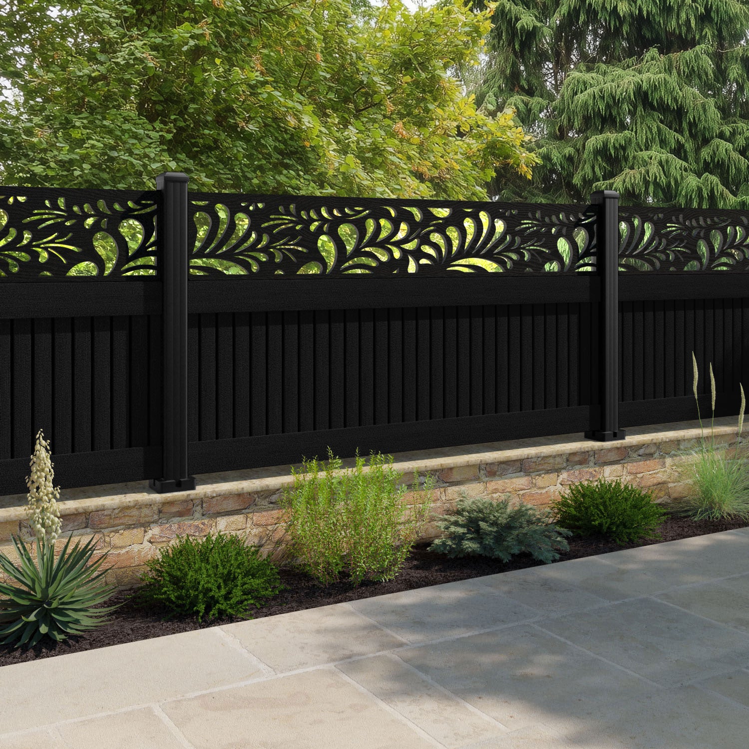 Virtis Petal Fence Panel - Black - with our aluminium posts