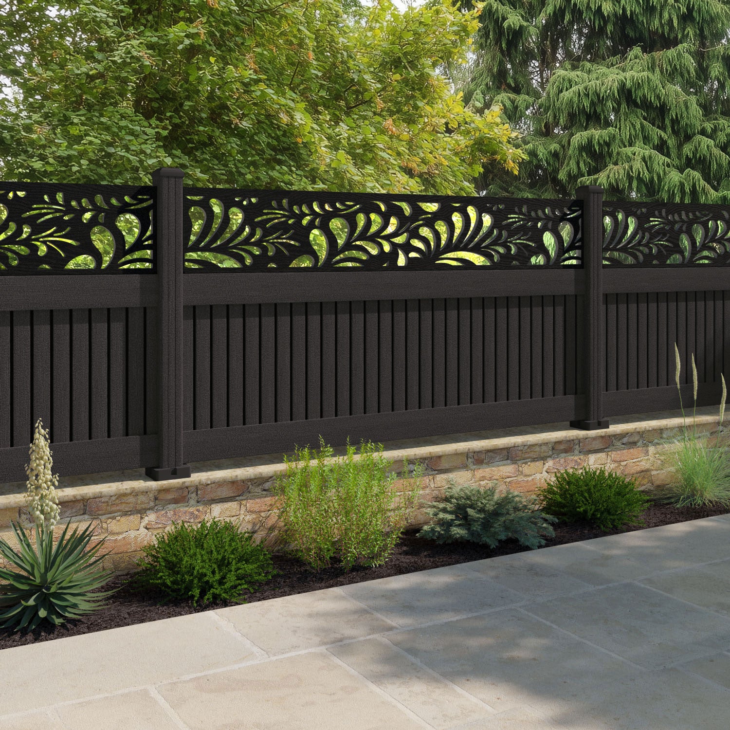 Virtis Petal Fence Panel - Dark Oak - with our composite posts