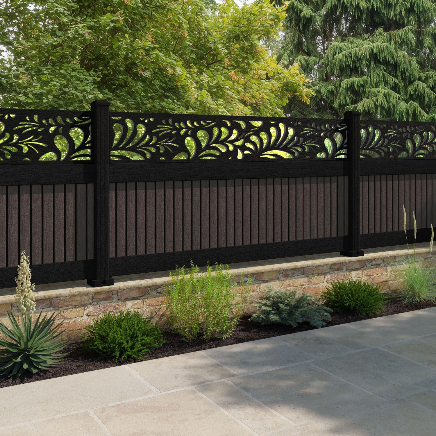 Virtis Petal Fence Panel - Mid Brown - with our aluminium posts