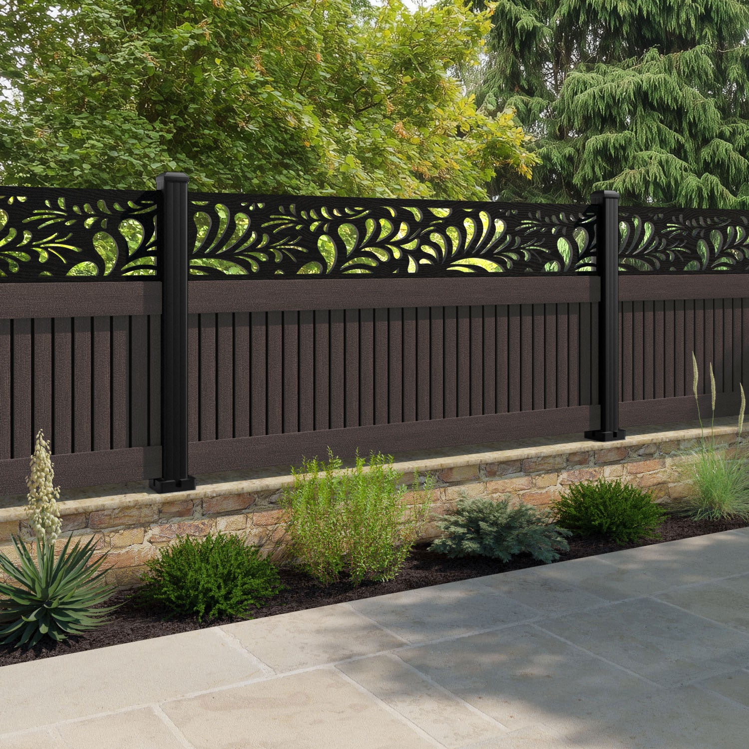Virtis Petal Fence Panel - Mid Brown - with our aluminium posts
