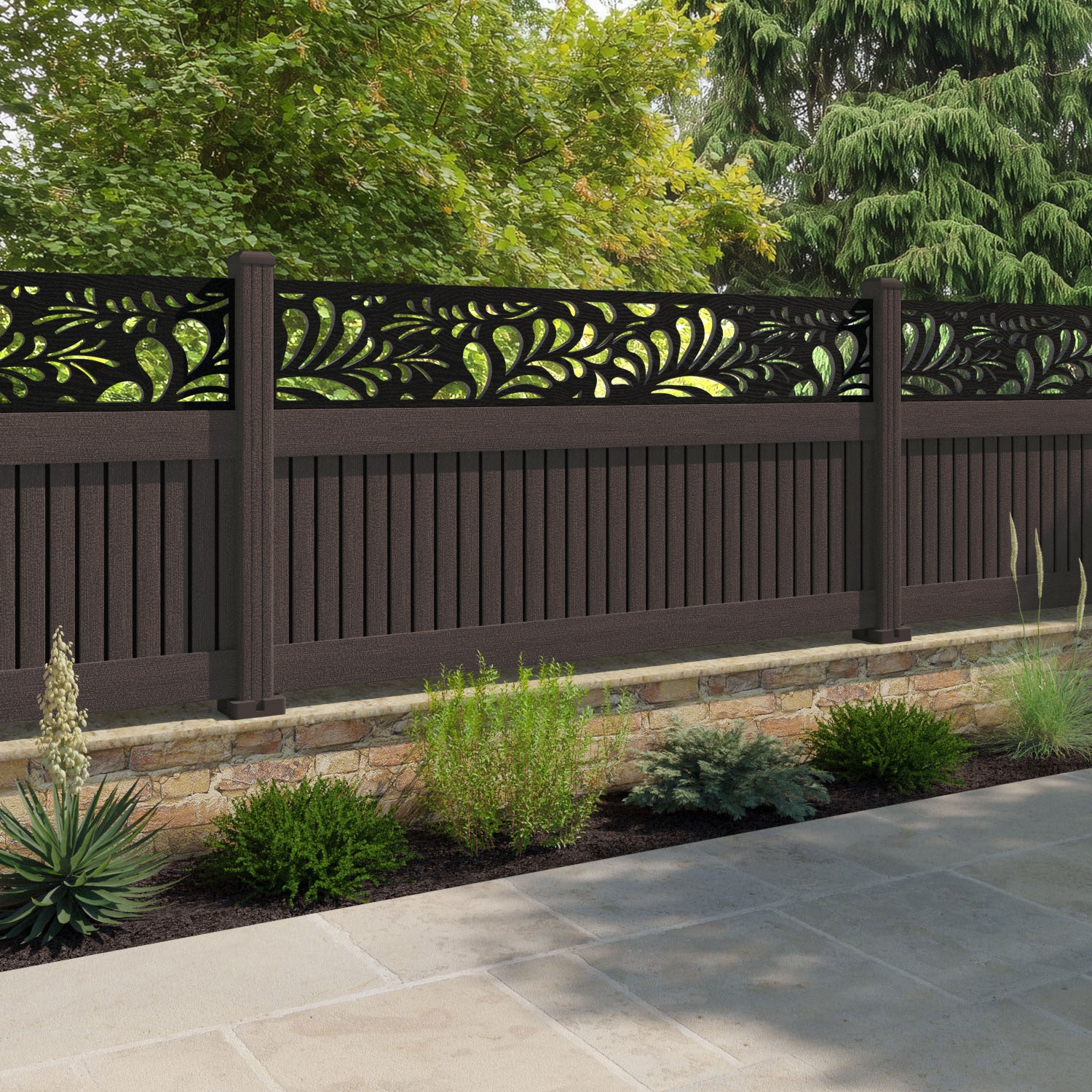 Virtis Petal Fence Panel - Mid Brown - with our composite posts