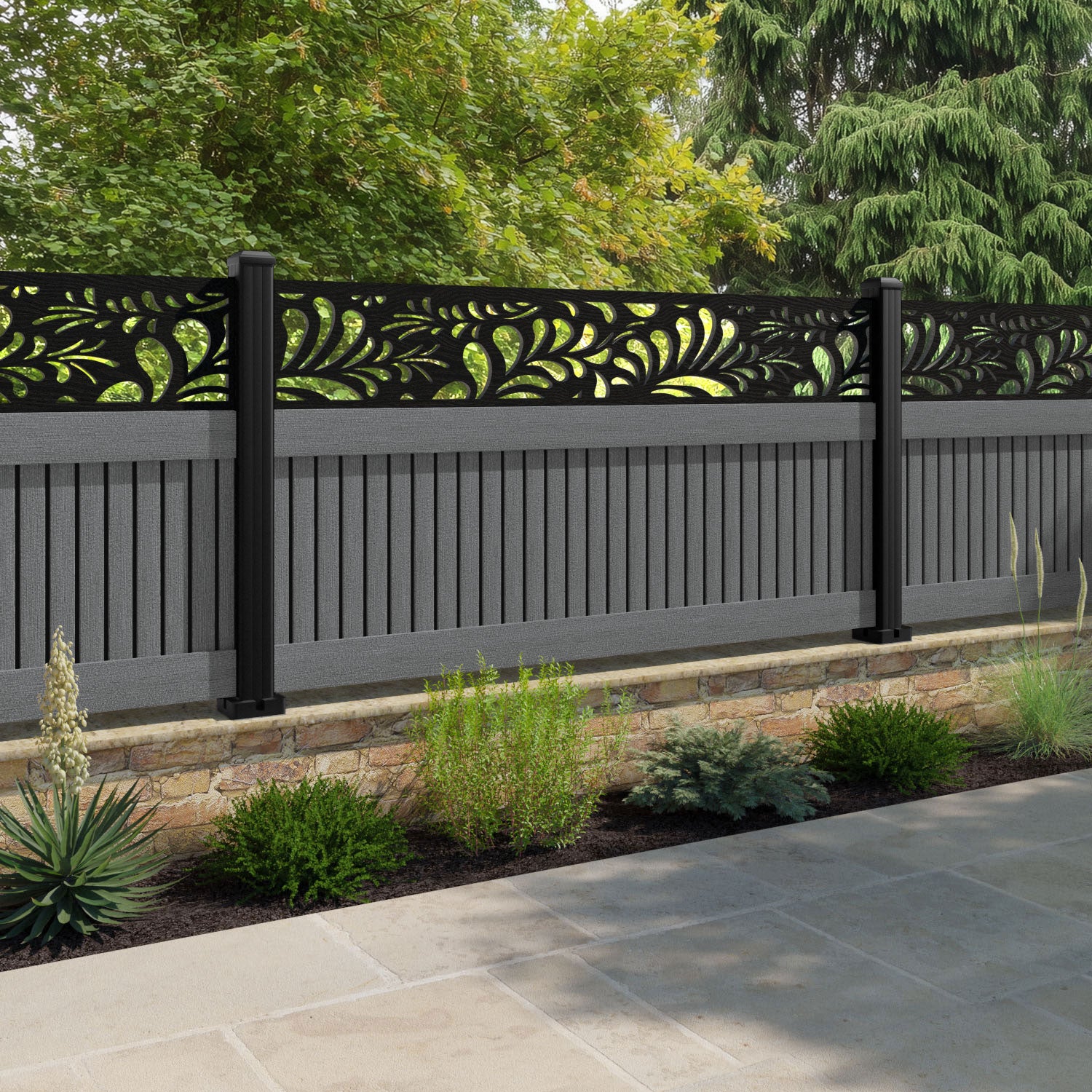 Virtis Petal Fence Panel - Mid Grey - with our aluminium posts