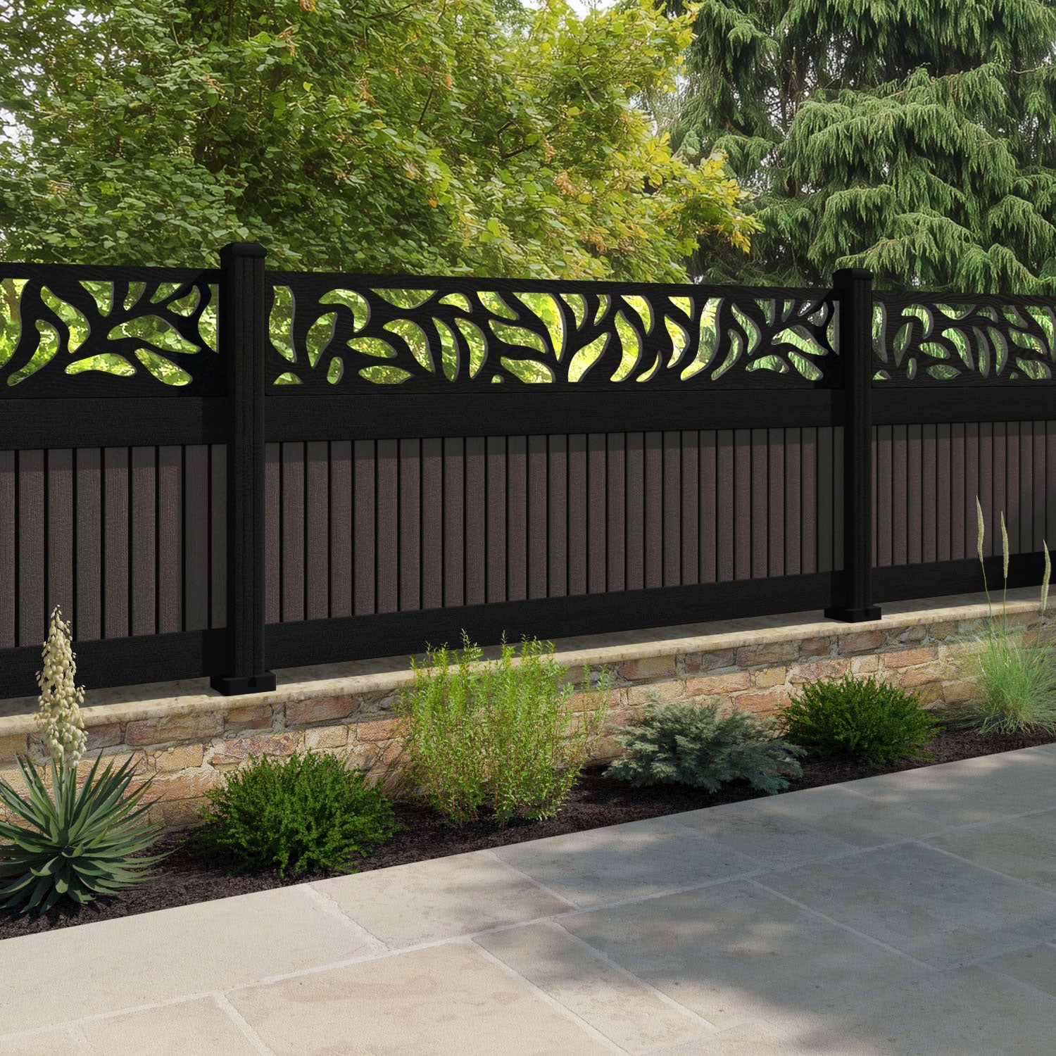 Virtis Plume Fence Panel - Mid Brown - with our aluminium posts