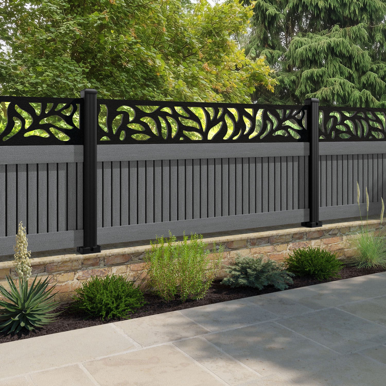 Virtis Plume Fence Panel - Mid Grey - with our aluminium posts