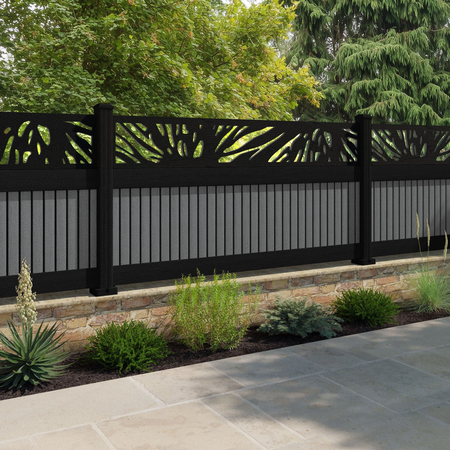 Virtis Poppy Fence Panel - Mid Grey - with our aluminium posts