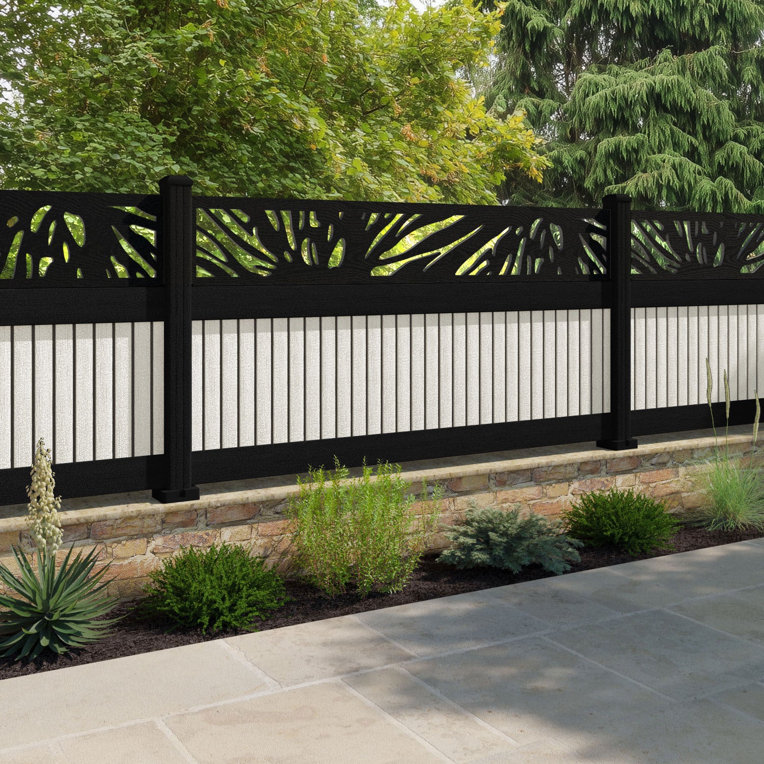 Virtis Poppy Fence Panel - Light Stone - with our aluminium posts