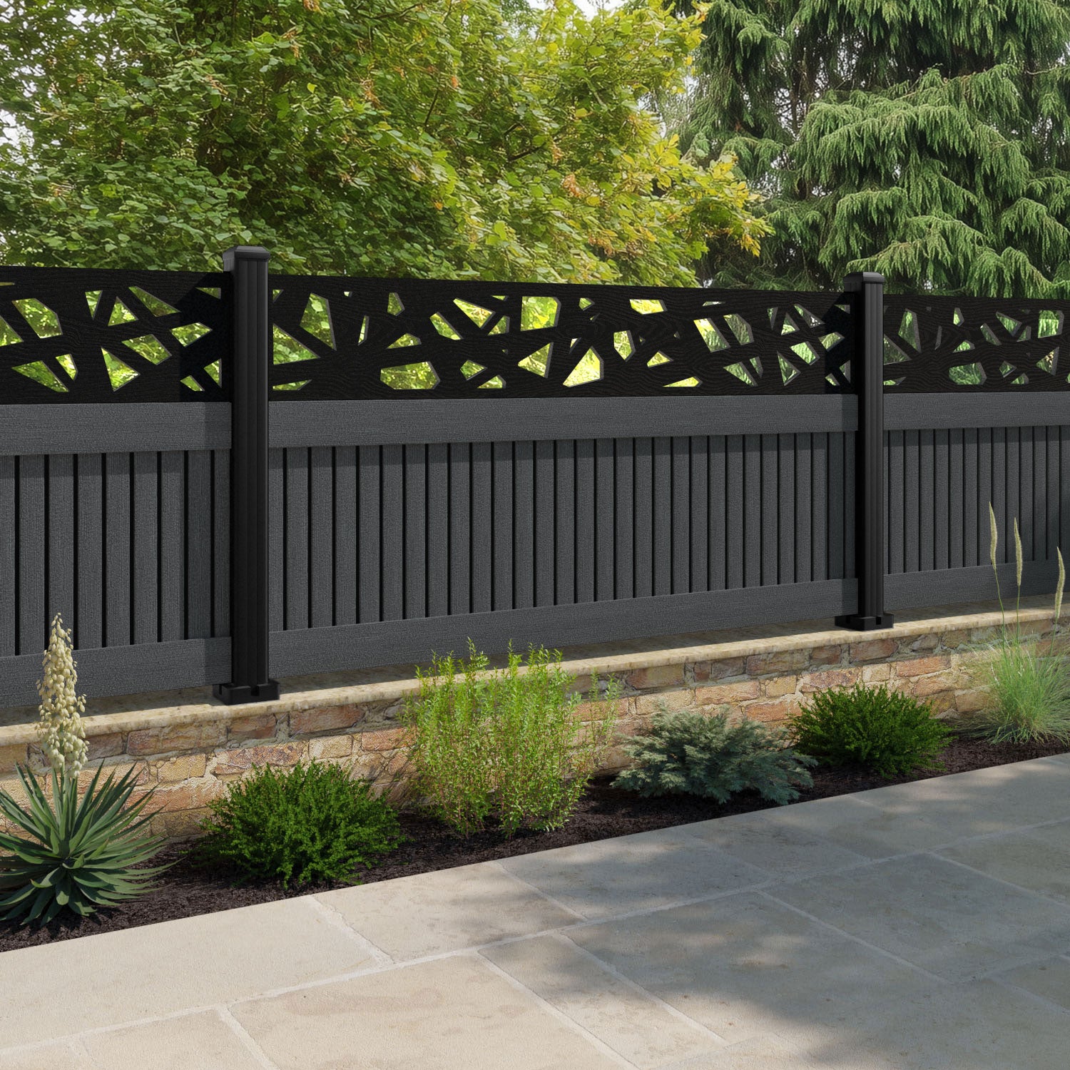 Virtis Prism Fence Panel - Dark Grey - with our aluminium posts