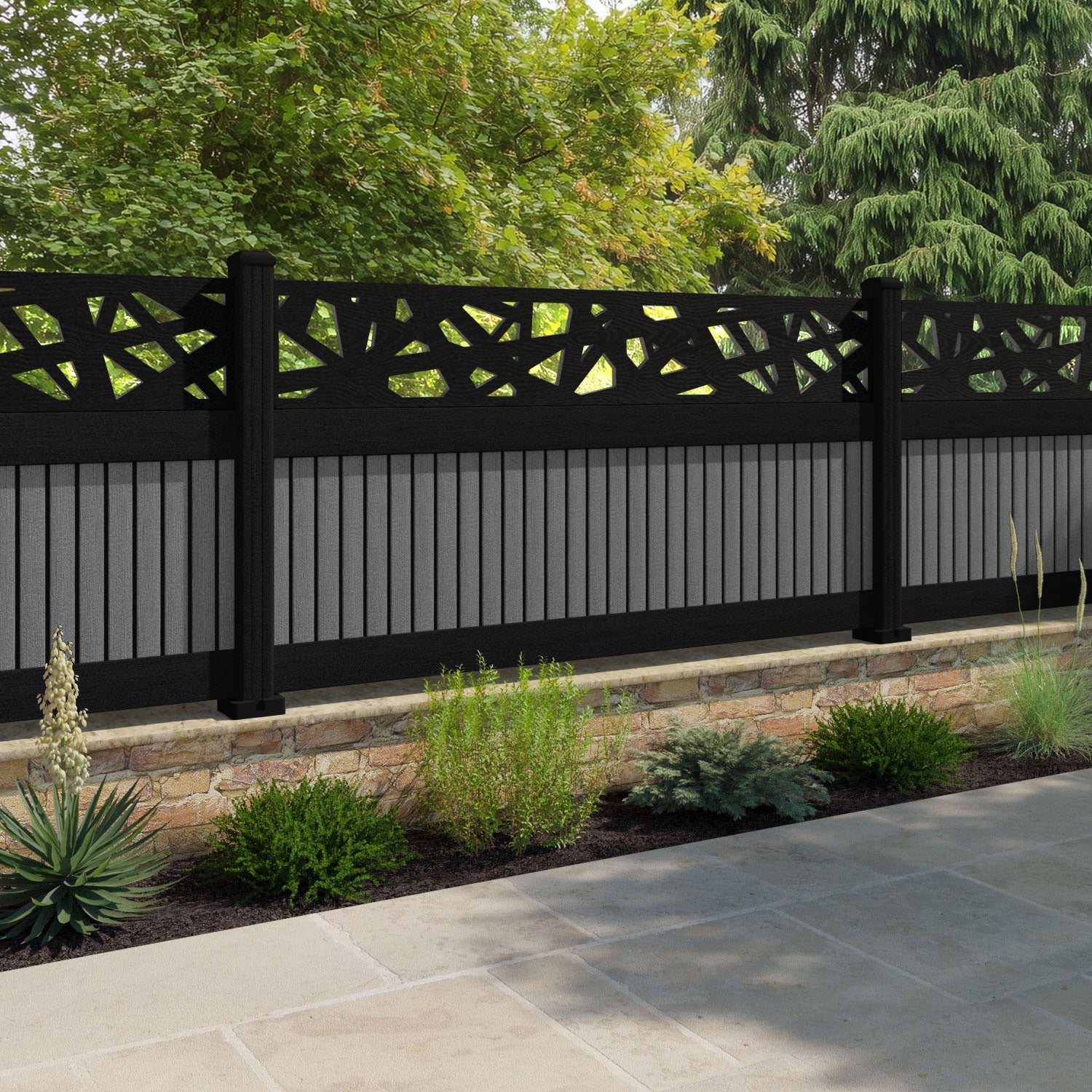Virtis Prism Fence Panel - Mid Grey - with our aluminium posts
