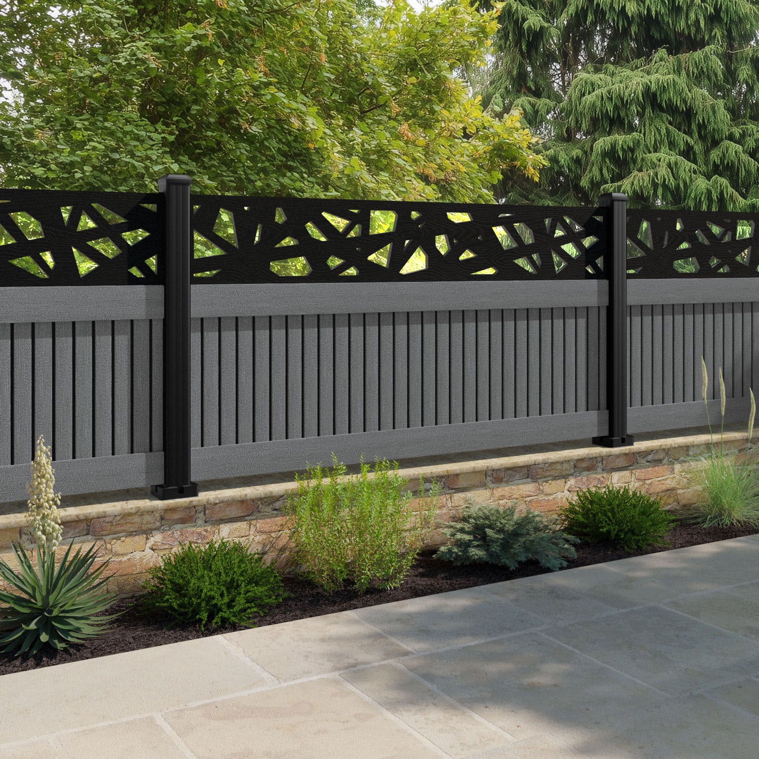 Virtis Prism Fence Panel - Mid Grey - with our aluminium posts